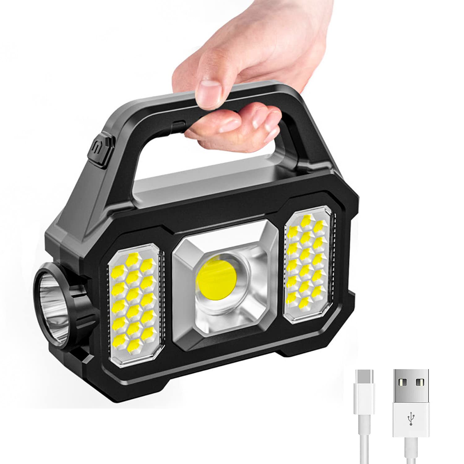 Sjpro Solar Handheld Flashlight With Usb Cable, 6 Modes Rechargeable Multifunction Lights Super Bright Led Searchlight, Lightweight Waterproof Portable Spotlight For Fishing Outdoor Camping Emergencies