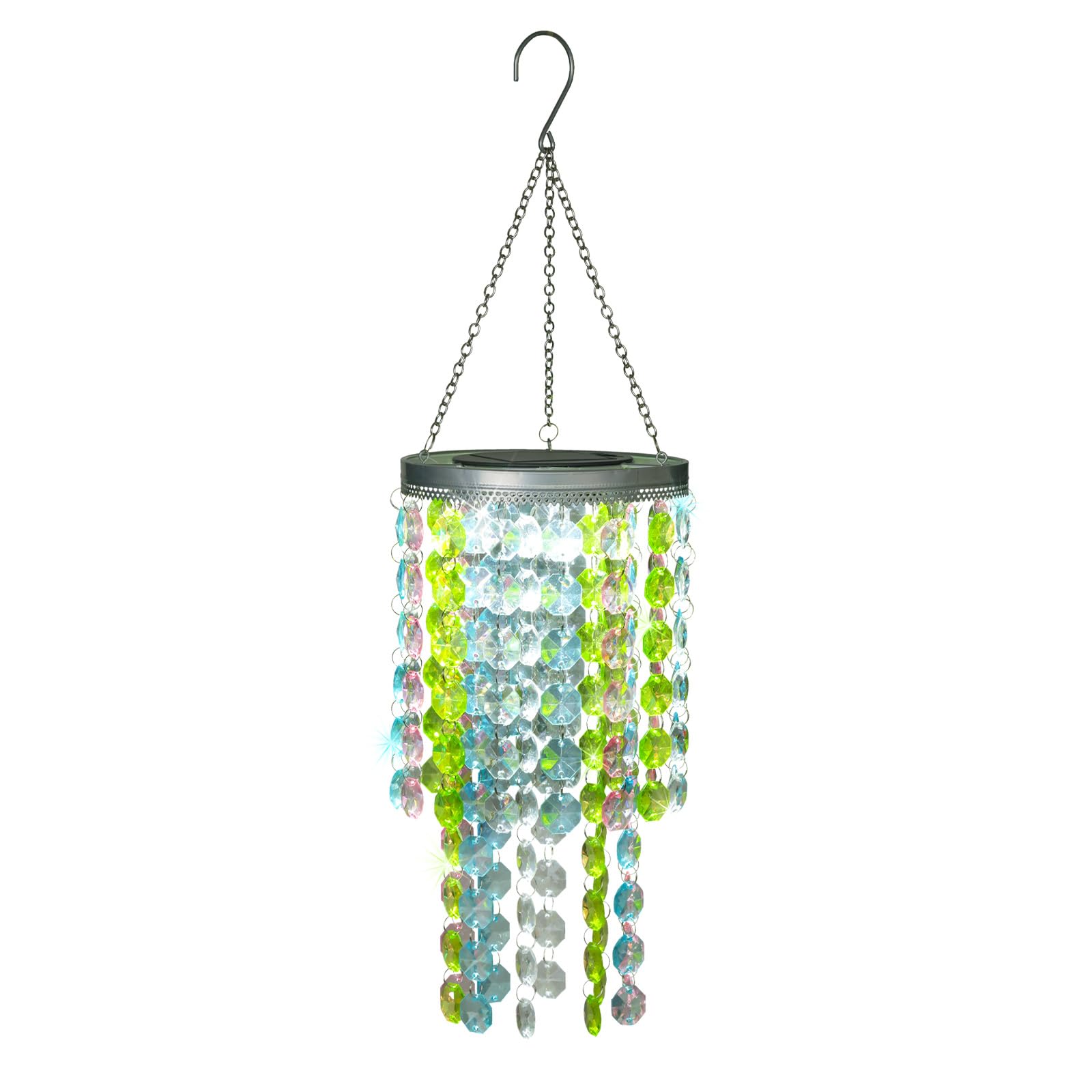 Lewis&Wayne Hanging Solar Crystal Chandelier Outdoor, 21” Modern Solar Multicolor Acrylic Beaded Lantern With Cool White Led S Hooks For Garden Yard Patio Gazebo Outside Decor