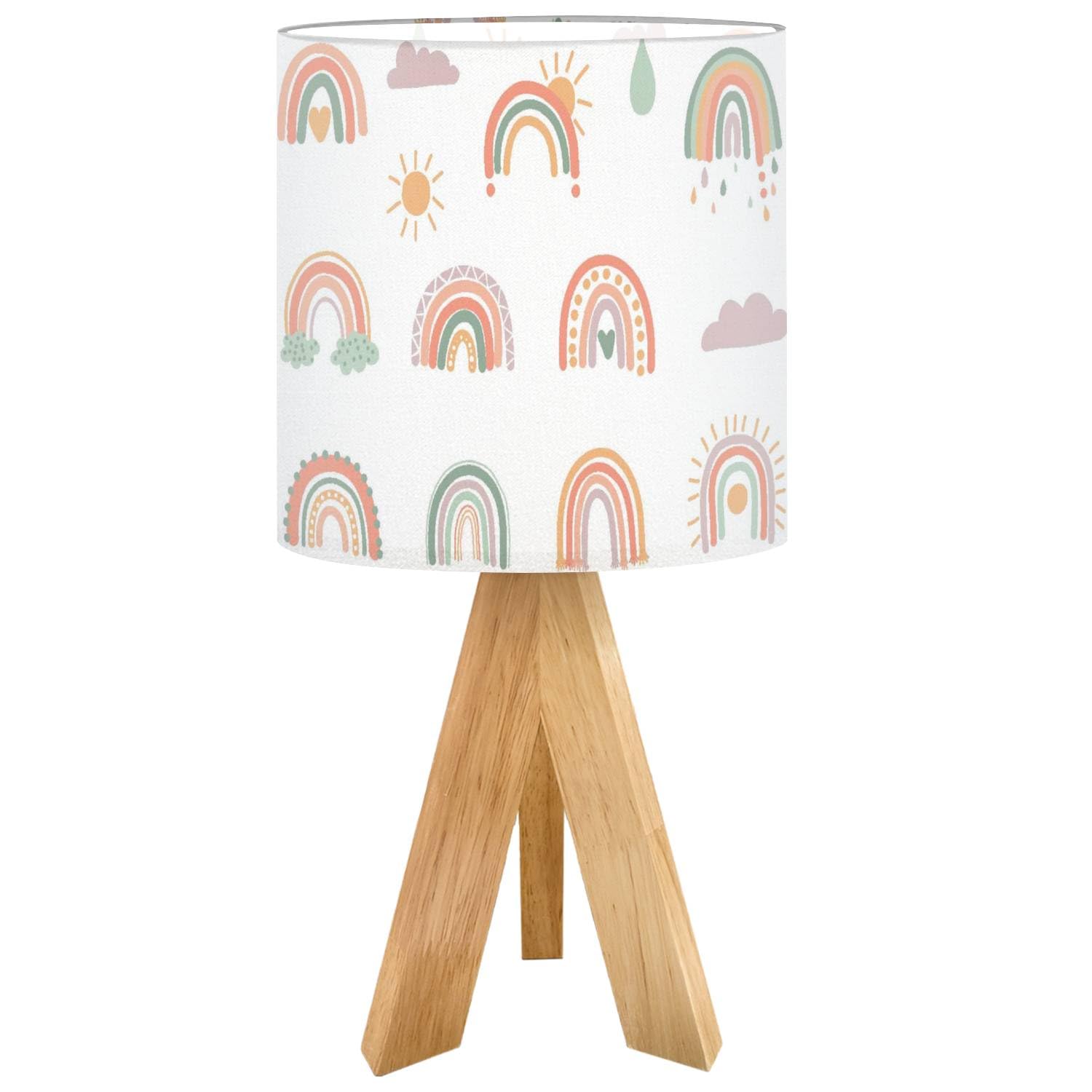 Oepwqiwepz Tripod Bedside Desk Table Lamp Hand Drawn Boho Rainbows Cute Set Pastel Earthy Colors Isolated Wood Nightstand Lamp With Linen Fabric Shade For Nursery Bedroom Living Room Kids Room
