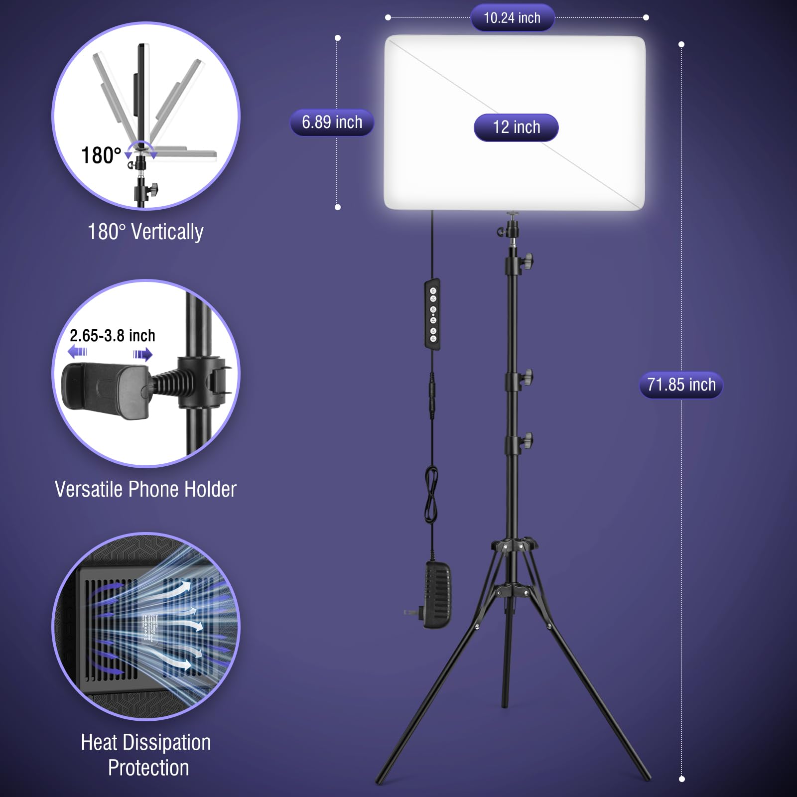 Icceue 2-Pack Led Video Light Kit With 63'' Tripod Stand, 2500K-8500K Dimmable Studio Light Photography Panel Lighting For Video Recording Game Live Streaming Podcast Youtube Filming, Phone Holder
