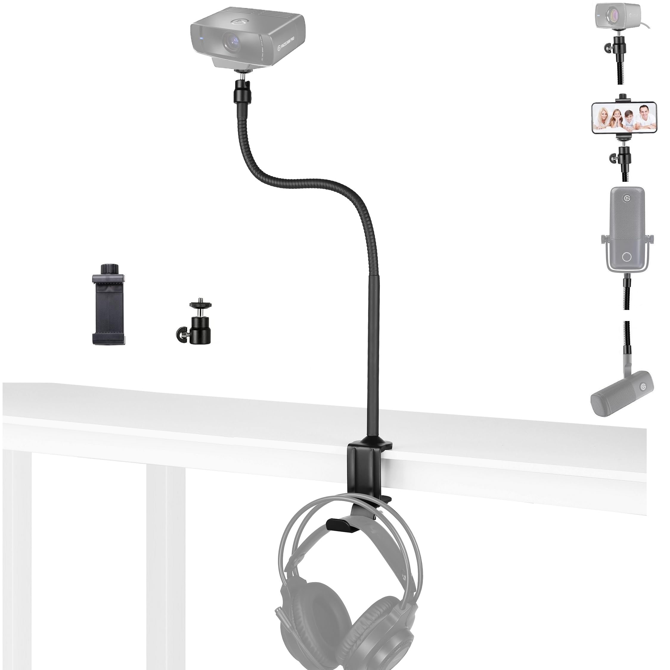 Acetaken Facecam Pro Webcam Stand, 24-Inch Clamp Mount Holder With Headphone Hook Compatible With Elgato Facecam, Facecam Pro Webcams - 1/4''-20 Interface (Max Load 0.5Kg/1.1 Lbs), Black