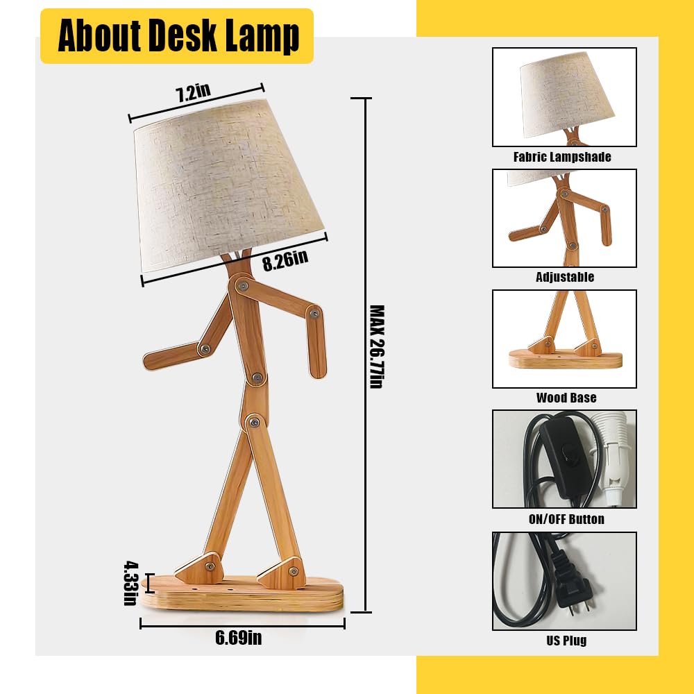 Yltlink Cute Desk Lamp,Person Lamp,Desk Light For Bedroom Livingroom Bedside Table Lamps,Wood Adjustable Arms And Legs,Home Offcie Decor,Dormitory,Kids'Room,Need E12 Bulb,Swing Arm,Nightstand,Small Floorlamp