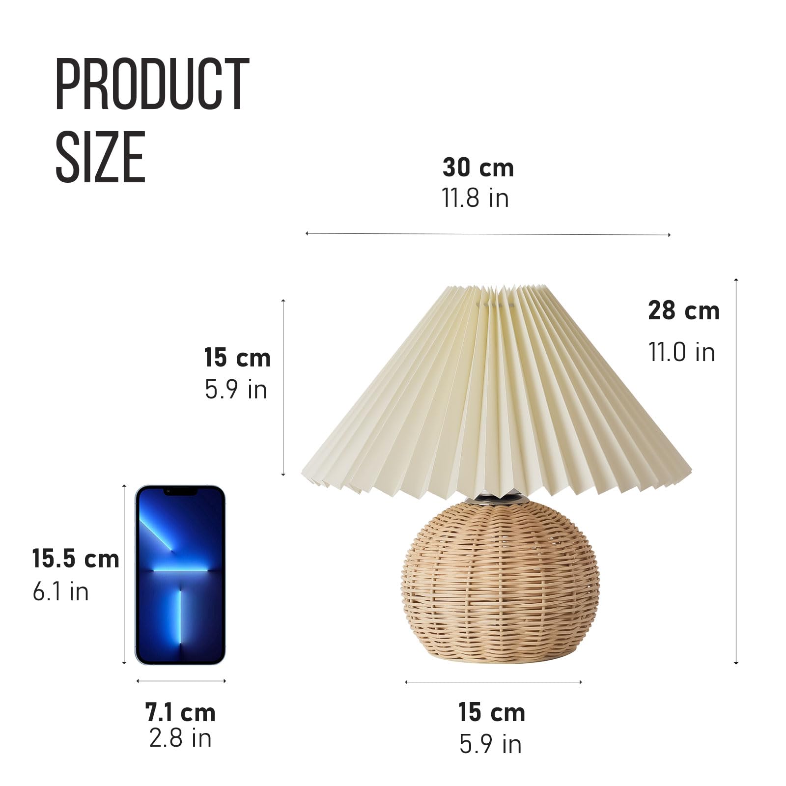 Kunjoulam Pleated Table Lamp, 11" Bedside Nightstand Lamp With Rattan Metal Base, Desk Light For Bedroom Living Room Home Office Decor Without Bulb