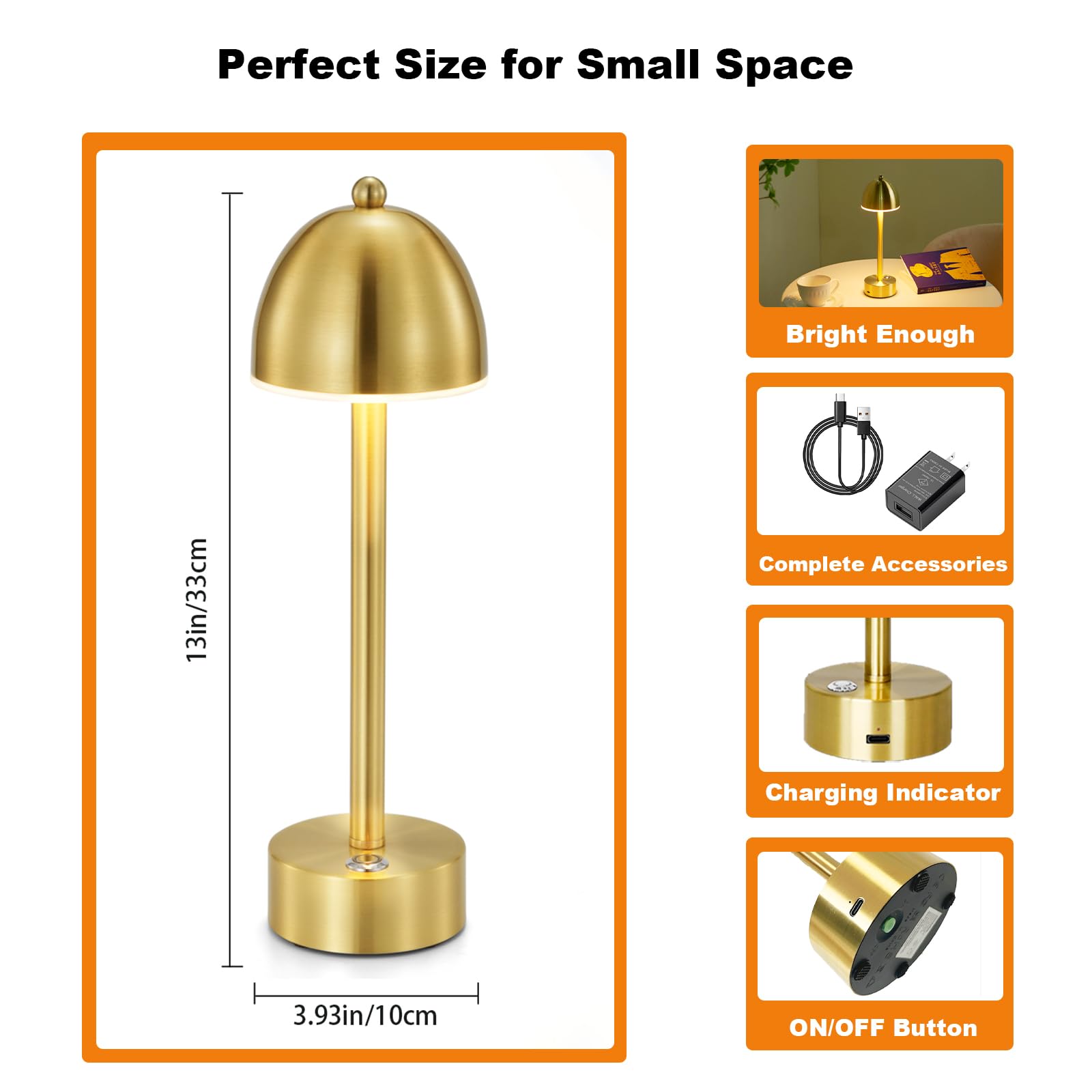 Umexus Small Cordless Mushroom Lamp Set Of 2, 5200Mah Rechargeable Battery Operated Lamp For Restaurant Bar Cocktail Table, Led Touch Dimmable, Portable Outdoor Patio Lights, Gold Brass