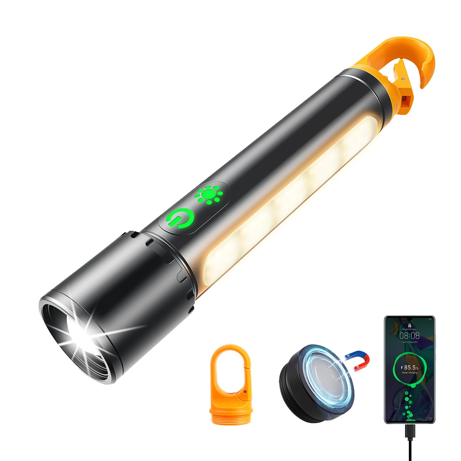 Annteneo Rechargeable Flashlight 3 Light Source, 990000 Lumens Magnetic Flashlights High Lumens, 9 Modes With Side Work Light, Dual Switch Operate, Waterproof & Adjustable For Home Outdoors Emergencies Working