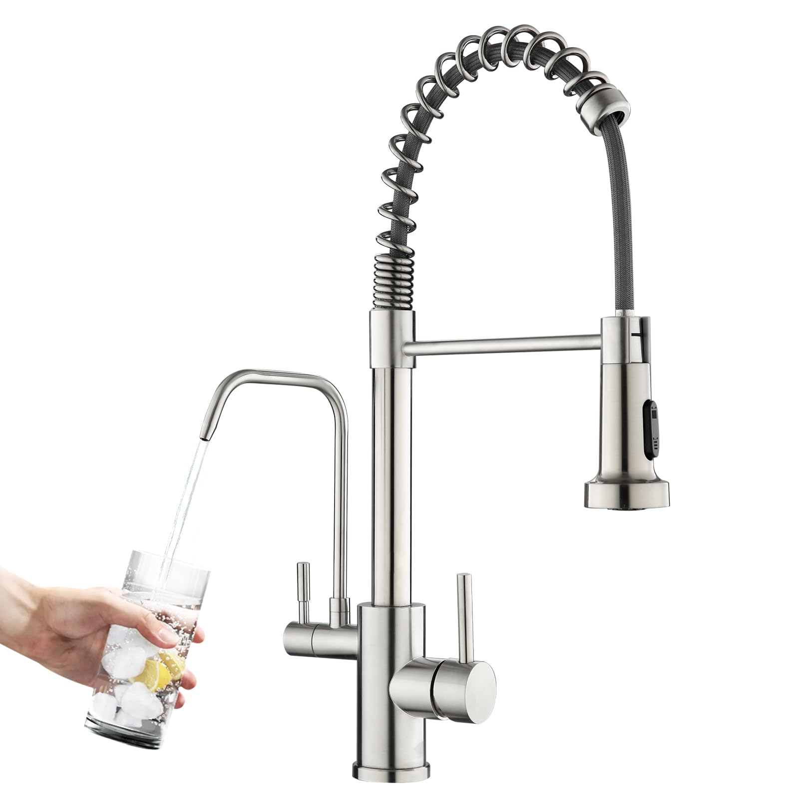 Rovogo Kitchen Sink Faucet With Filtered Water Dispenser And Pull Down Sprayer, Dual Handle Single Hole Stainless Steel Spring Faucet, Brushed