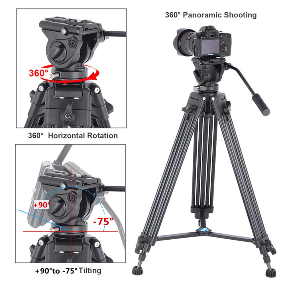 Yusen 72" Camera Tripod Professional Video Heavy Duty Tripod Aluminium Twin Tube Stand With 360° Degree Fluid Drag Head, Qr Plate Compatible With Dslr Camcorder Cameras Lodad Up To 17.6Lb