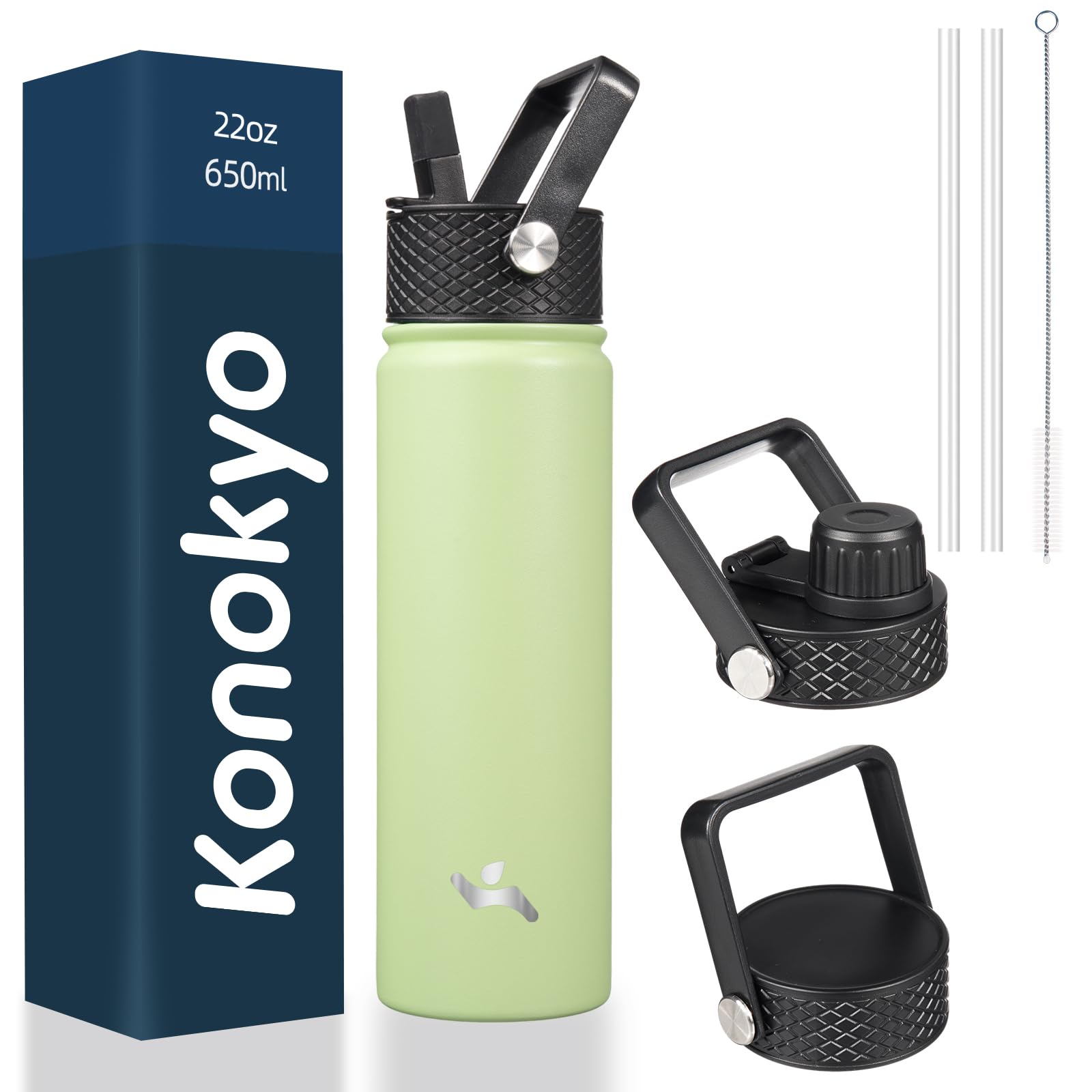 22Oz Stainless Steel Bottles With 3 Lids Sport Insulated Water Bottle,Macaron Green