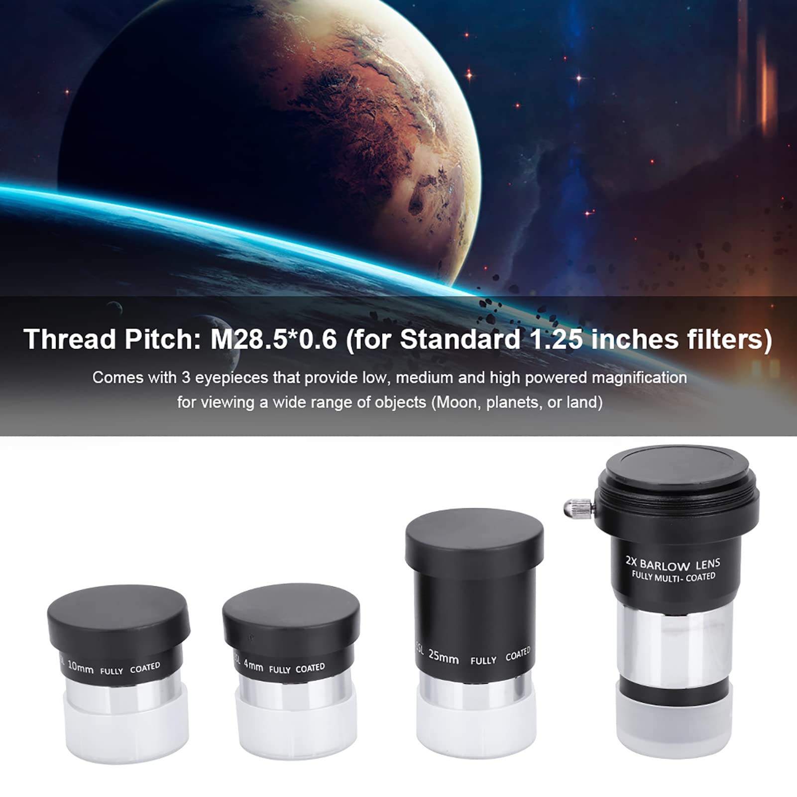 Youthink 127Eq Lenses, 1.25 Plossl Telescope Eyepiece Set 4 10 25Mm 2X Lens Kit For Astronomy