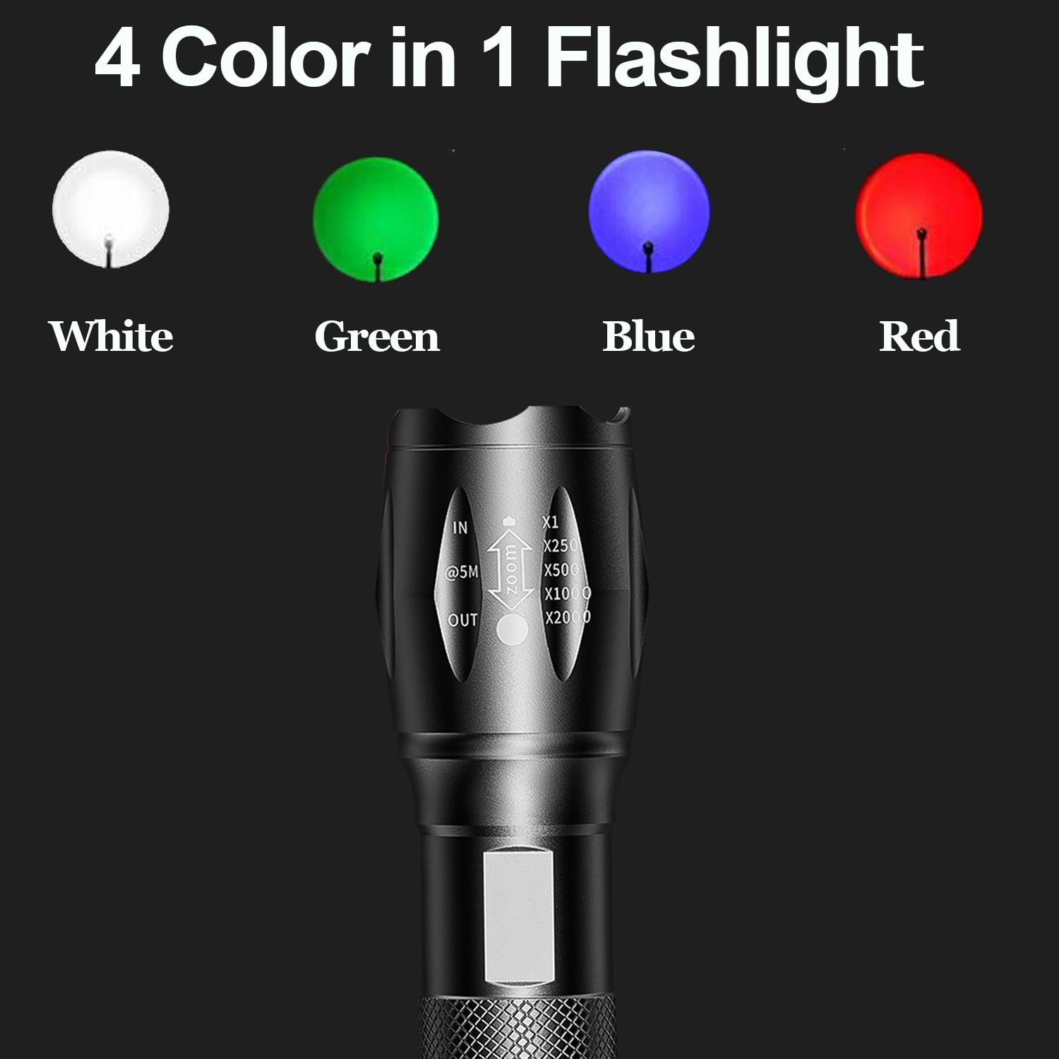 Mviocs Led Red Flashlight Rechargeable, Zoomable, Waterproof, Powerful, 4 Color In 1 Led Green Light, Blue Light, White Light Flashlight Torch For Home, Outdoor, Camping, Night Observation