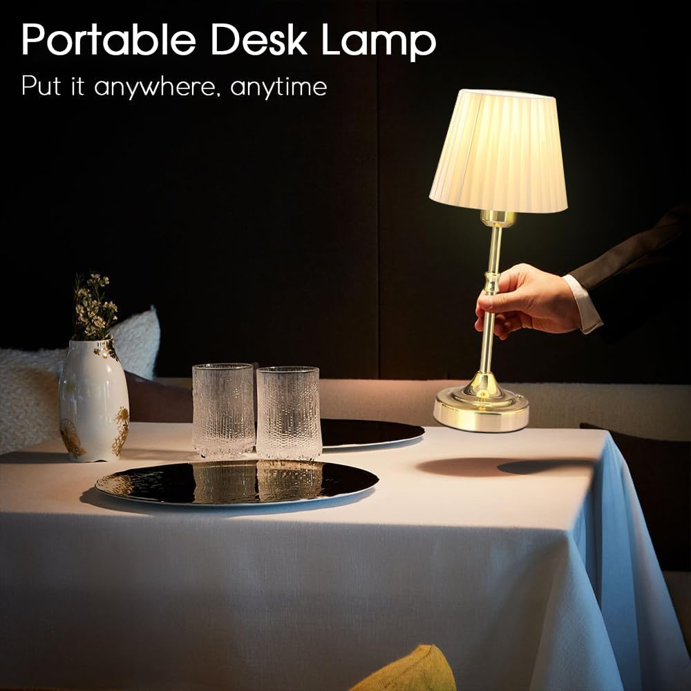 Leroxo Cordless Led Metal Table Lamp, Portable Fabric Shade Desk Lamp, 3-Level Brightness, Touch Sensor Control, Rechargeable Bedside/Nursery/Dining Room Lamp