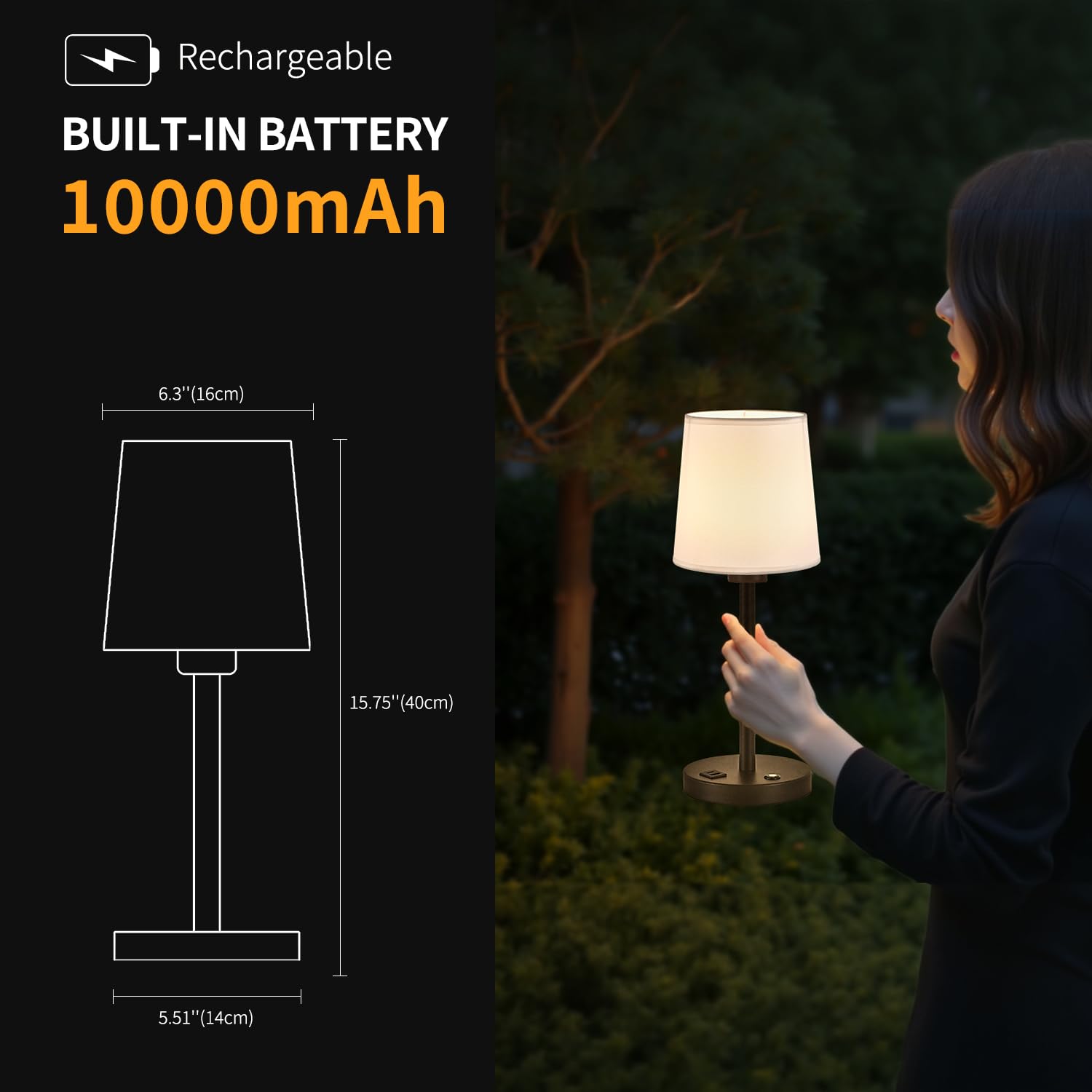 Cnmykyds Cordless Rechargeable Table Lamp, Wireless Table Lamp, 10000Mah Rechargeable Battery Powered Lighting, Stepless Dimmable Light For Dining Room,Bedroom,Bedside,Bar,Night Light,Camping(A:Black)
