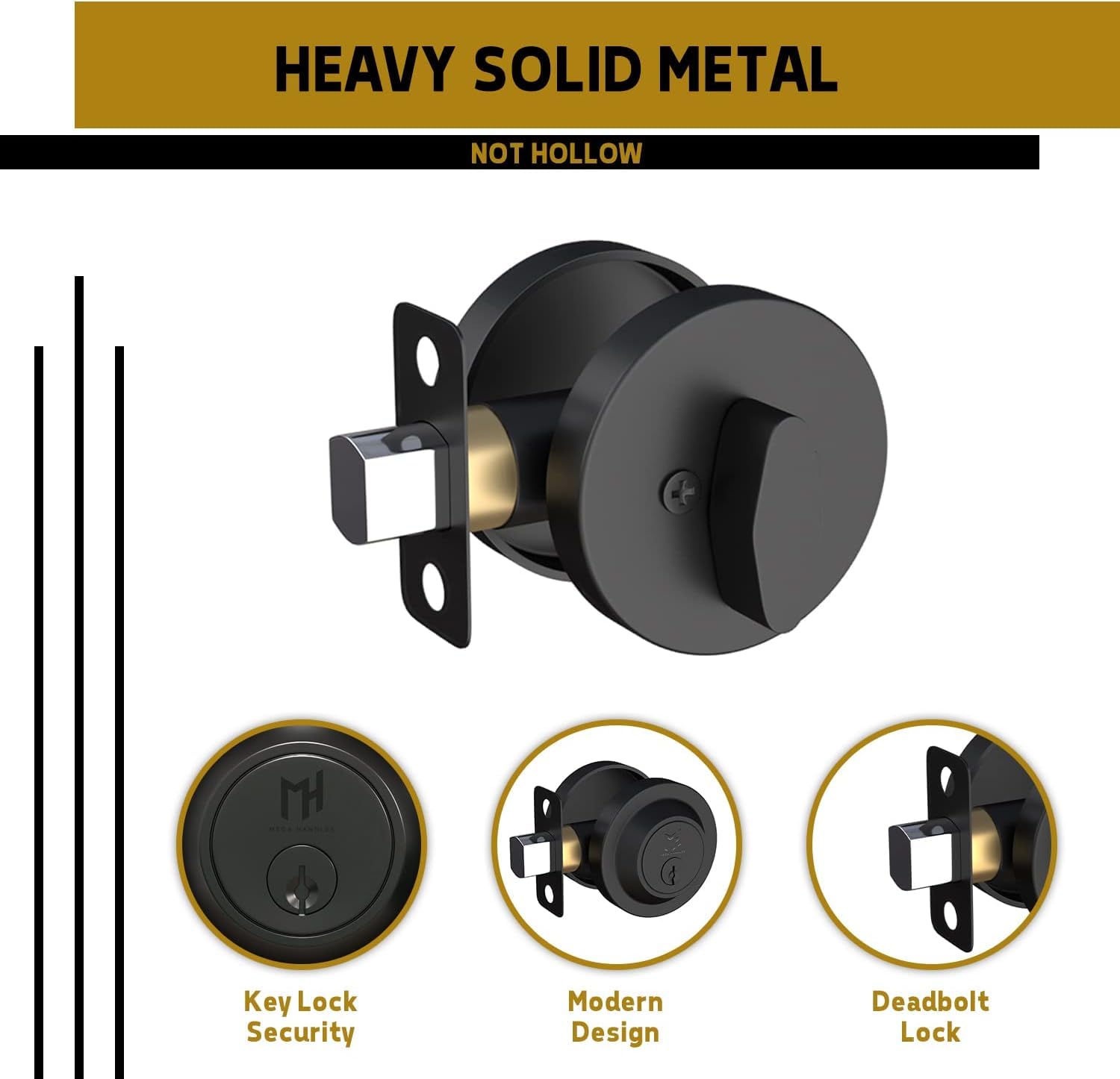 Mega Handles - Ralph Deadbolt I Entry Deadbolt Lock - Heavy Duty Round Locking Deadbolt For Left Or Right-Handed Doors - Interior/Exterior - Matte Black