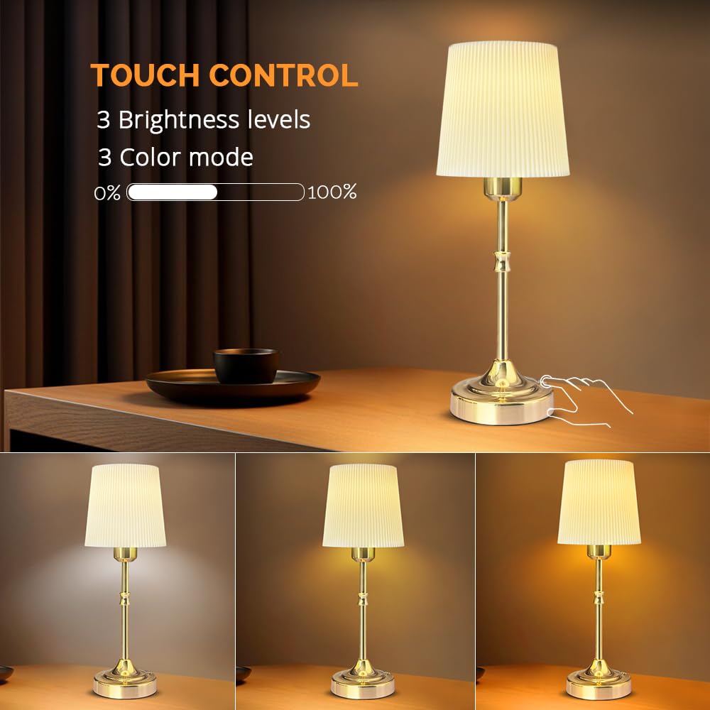Leroxo Cordless Led Metal Table Lamp, Portable Fabric Shade Desk Lamp, 3-Level Brightness, Touch Sensor Control, Rechargeable Bedside/Nursery/Dining Room Lamp (Gold)