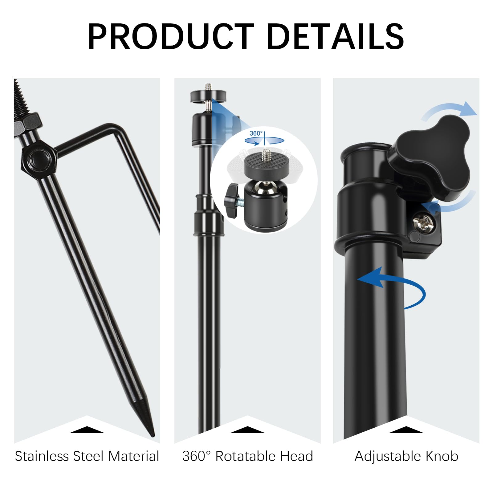 Acuxiaza Trail Camera Stand Mount Ground Holder Stainless Steel Trail Camera Mount 360-Degree Adjustable Ground Stands For Trail Cameras Solar Panels Fish Lights, Rust, Easy To Use, Black