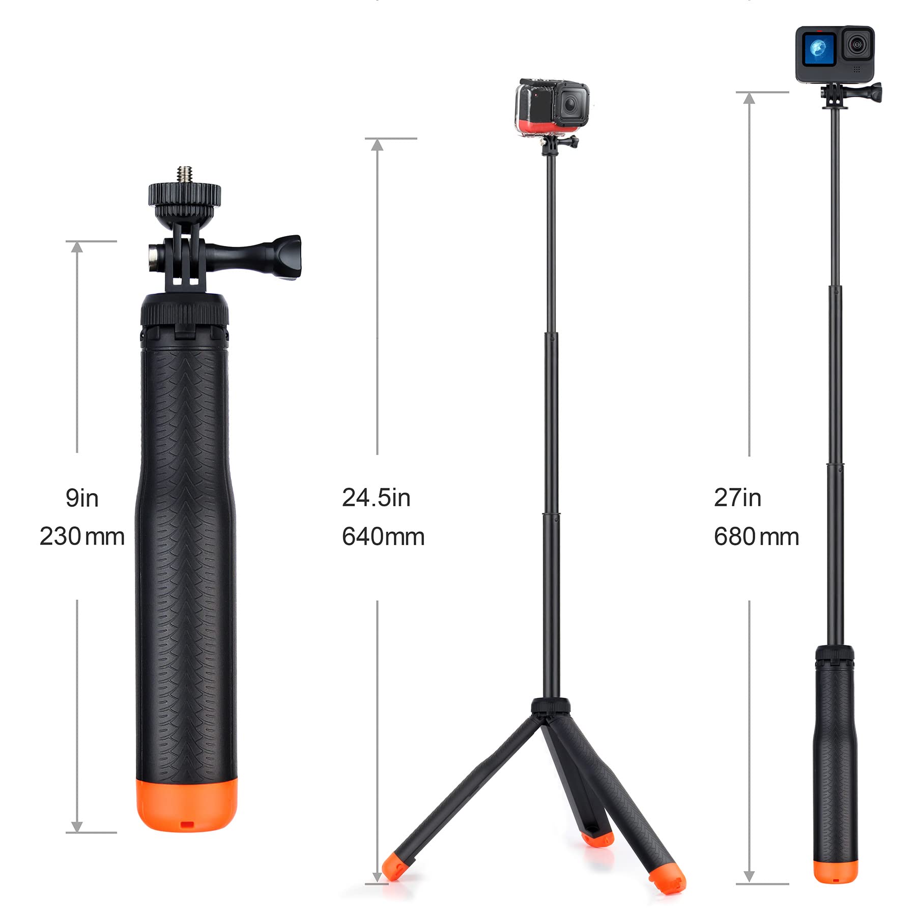 Gepuly 9''-27''Waterproof Selfie Stick Floating Hand Grip Tripod For Gopro Hero 13 12 11 10 9 8 7 6 5 4 3 Fusion, Max, Most Action Cameras Used As Floating Tripod, Hand Grip, Selfie Stick,Tripod Stand