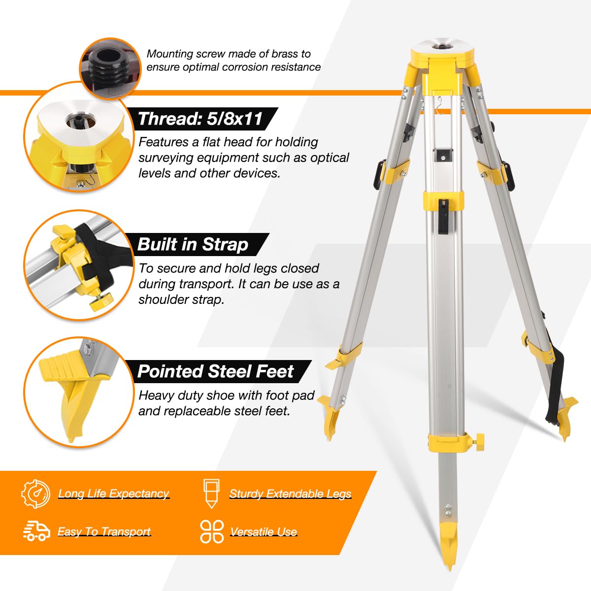 Smtoer Professional Surveying Tripod & Aluminum Grade Rod Combo - 9Ft Telescopic Rod + 65" Adjustable Tripod For Rotary Laser Level, Theodolite, Land Surveying Equipment