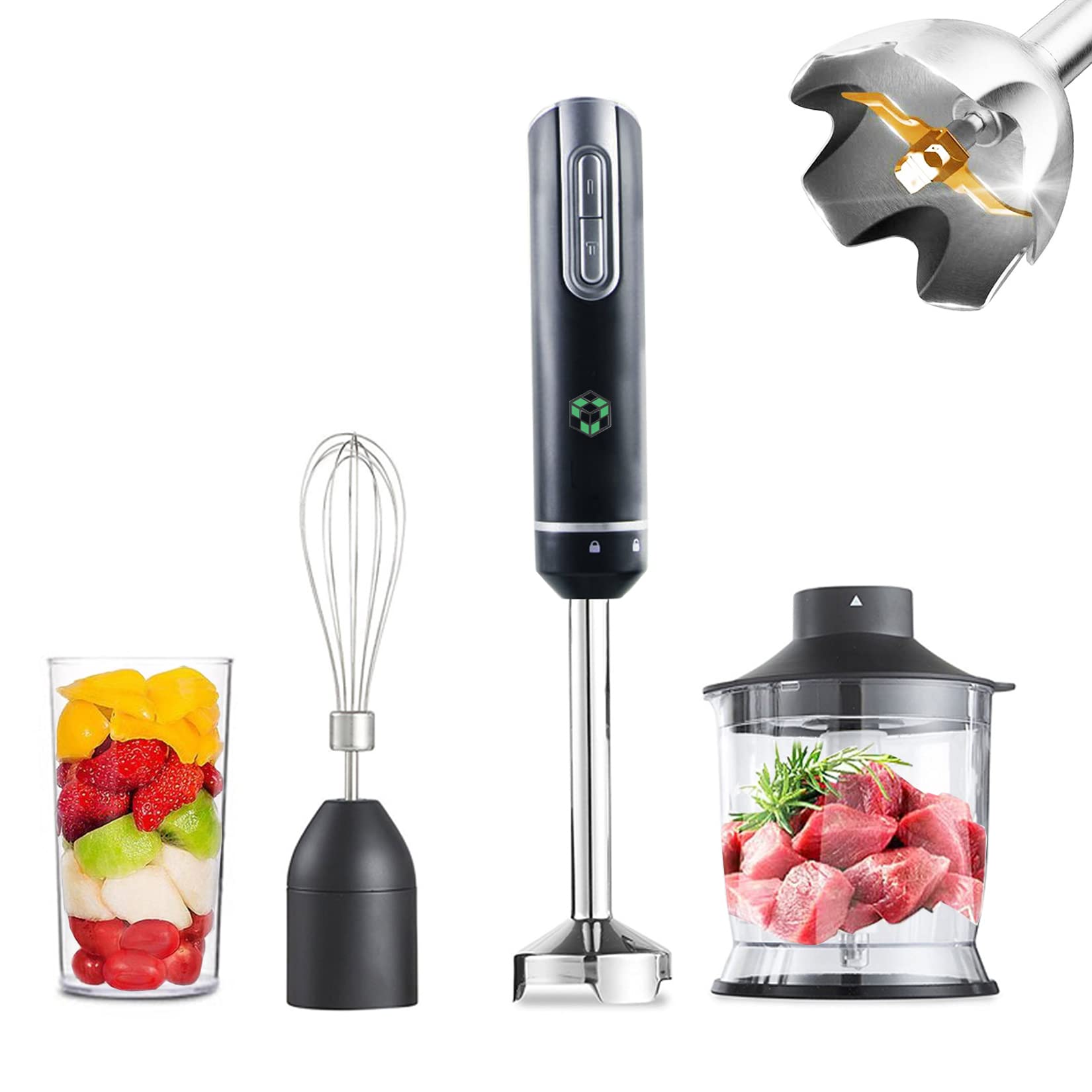 Ikan Tech 4-In-1 Immersion Hand Blender (Titanium Coating), Powerful 500W Handheld Stick Blender With Stainless Steel Blades, 12 Speeds Multi-Purpose Blender W/ Chopper, Beaker, Egg Whisk (Black)