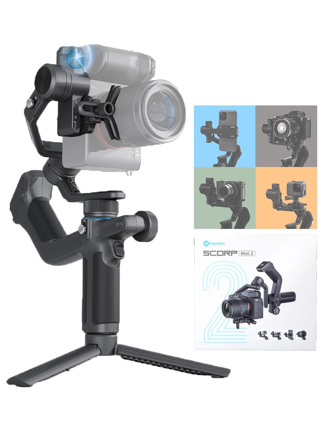 Feiyutech Ai Tracking Camera Gimbal Stabilizer - Scorp Mini 2 Built-In Tracker,Native Vertical Shooting,Bluetooth/Cable Shutter Control,For Sony/Canon/Panasonic/Nikon/Fujifilm/Gopro/Smartphone,Max2.65