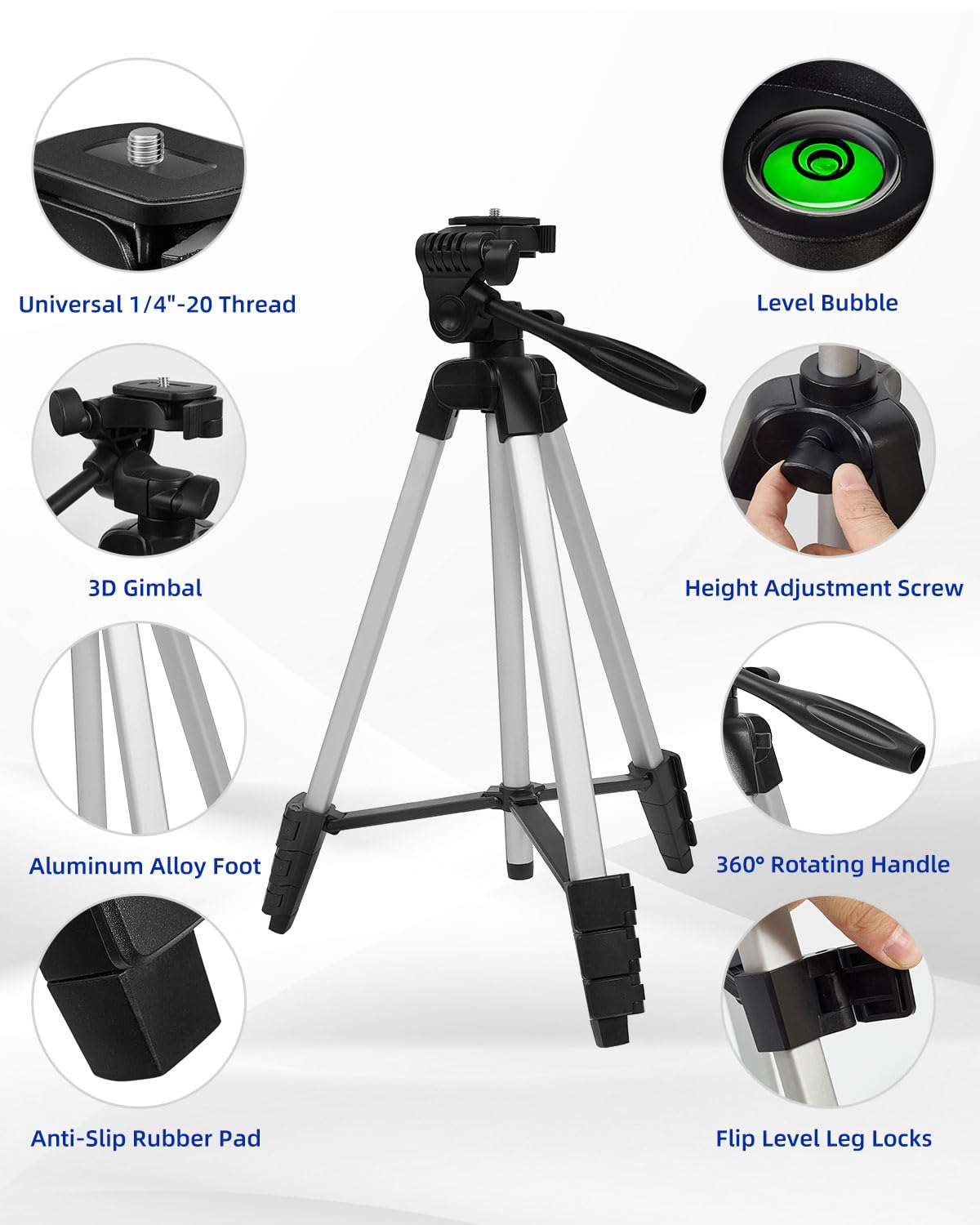 Vulcanforge 16.5"-55" Aluminum Tripod For Laser Level, 1.2Lb Lightweight, 3D Pan Tilt With Bubble Level, Quick Release Plate, Silver