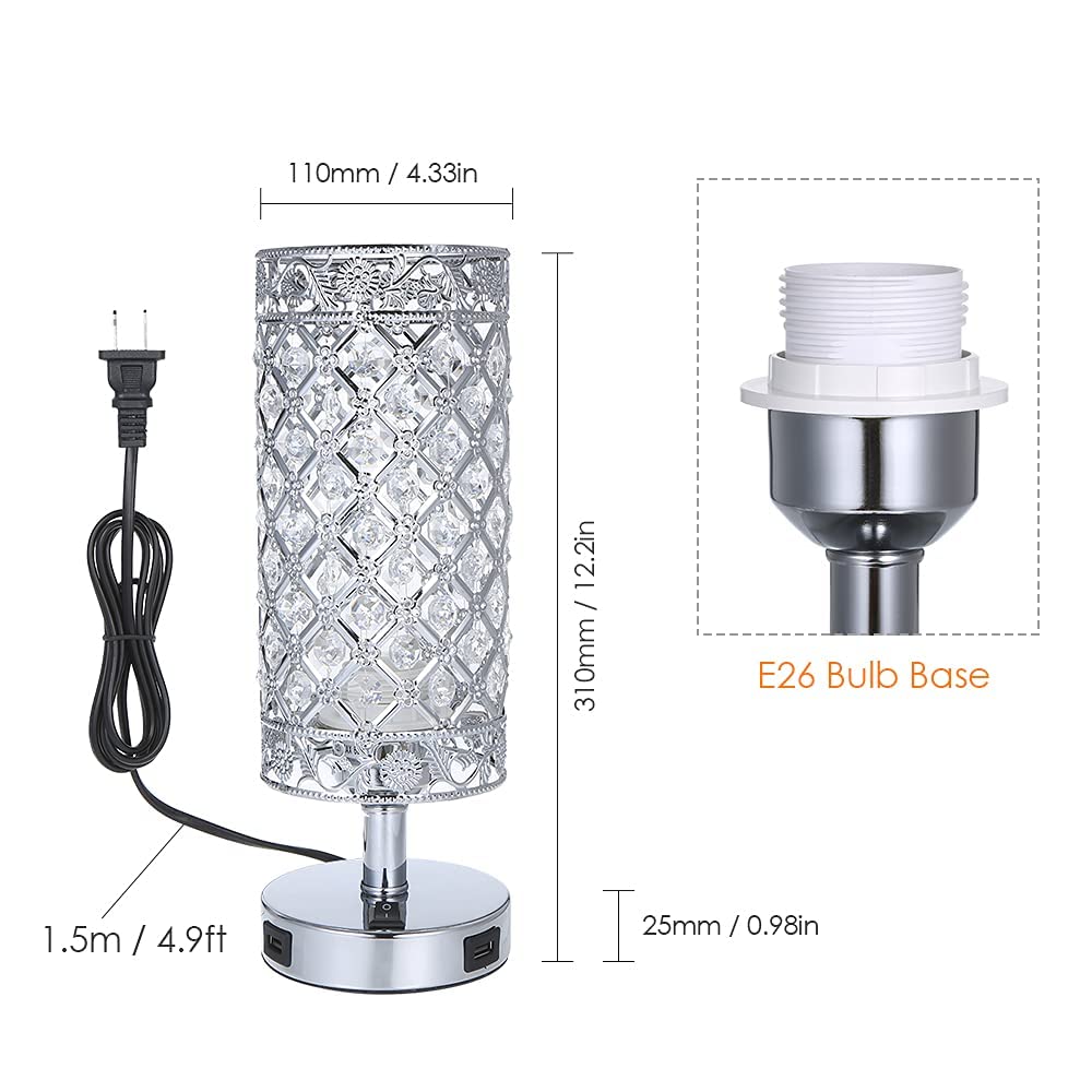 Tomshine Usb Crystal Table Lamp Set Of 2 Bedside Lamp With Usb Charging Ports, Modern Elegant Nightstand Lamp Desk Lamps，Silver Crystal Lamps For Bedroom Living Room Home Office (Silver)