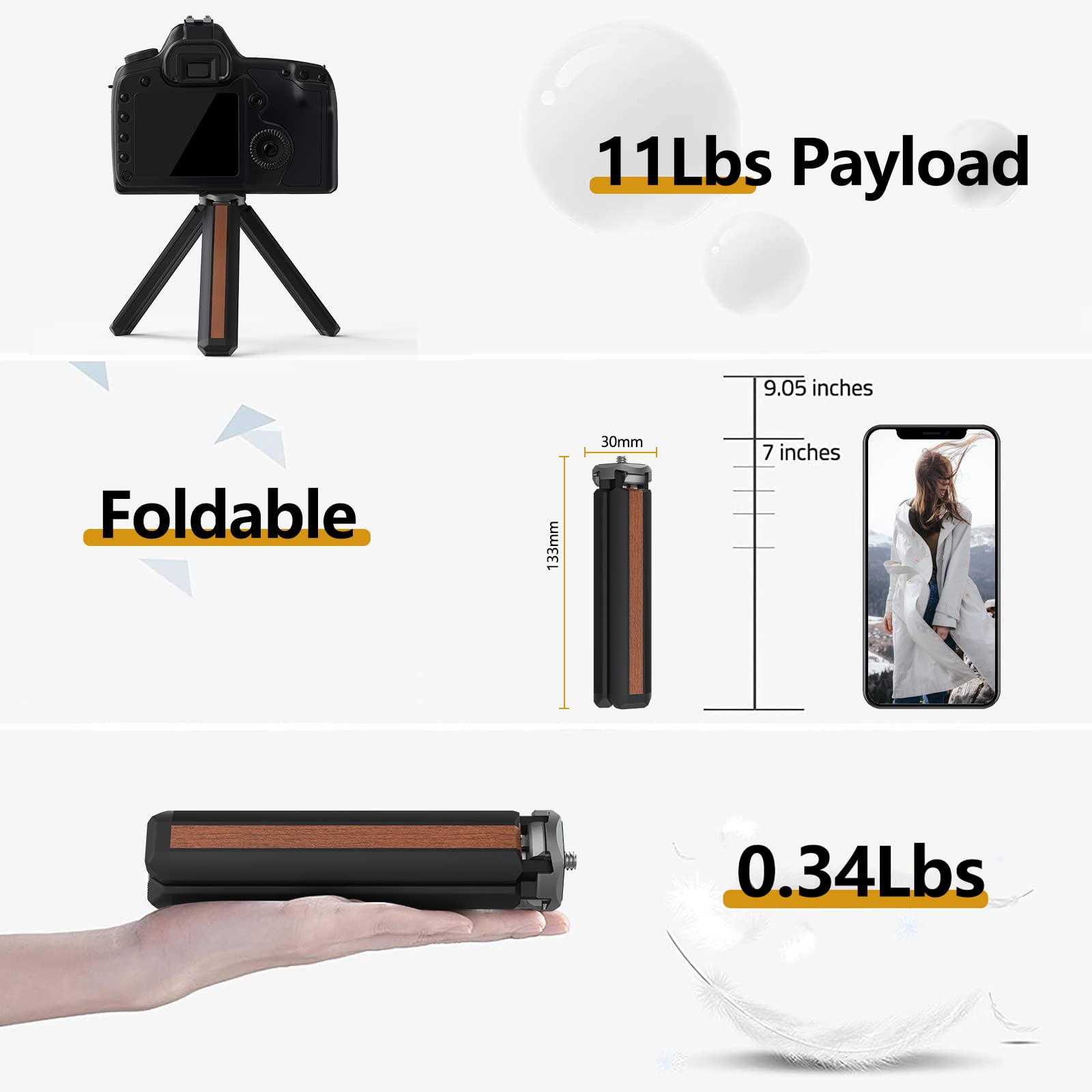 Poyinco Mini Tabletop Tripod Portable Iphone Tripod 1/4"-20 Mounting Screw And Folding Feet, Fits For Selfie Stick, Zhiyun, Osmo And All Camera Perfect For Photography Vlogging And Youtube.(Black)
