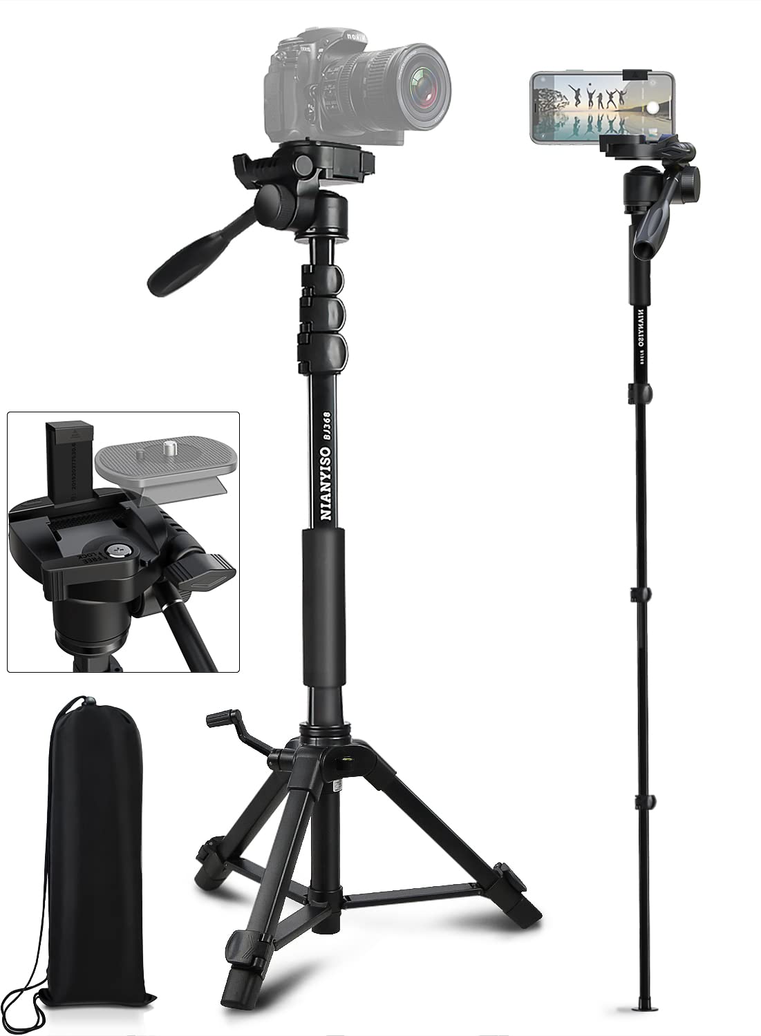 Nianyiso Camera Tripod 69 Inch, Patented 3-Way Swivel Portable Phone Tripod Professional Aluminum Alloy Travel Phone Camera Stand Monopod For Canon Nikon Gopro Dslr, Dv Video Camcorder, Smartphone Black