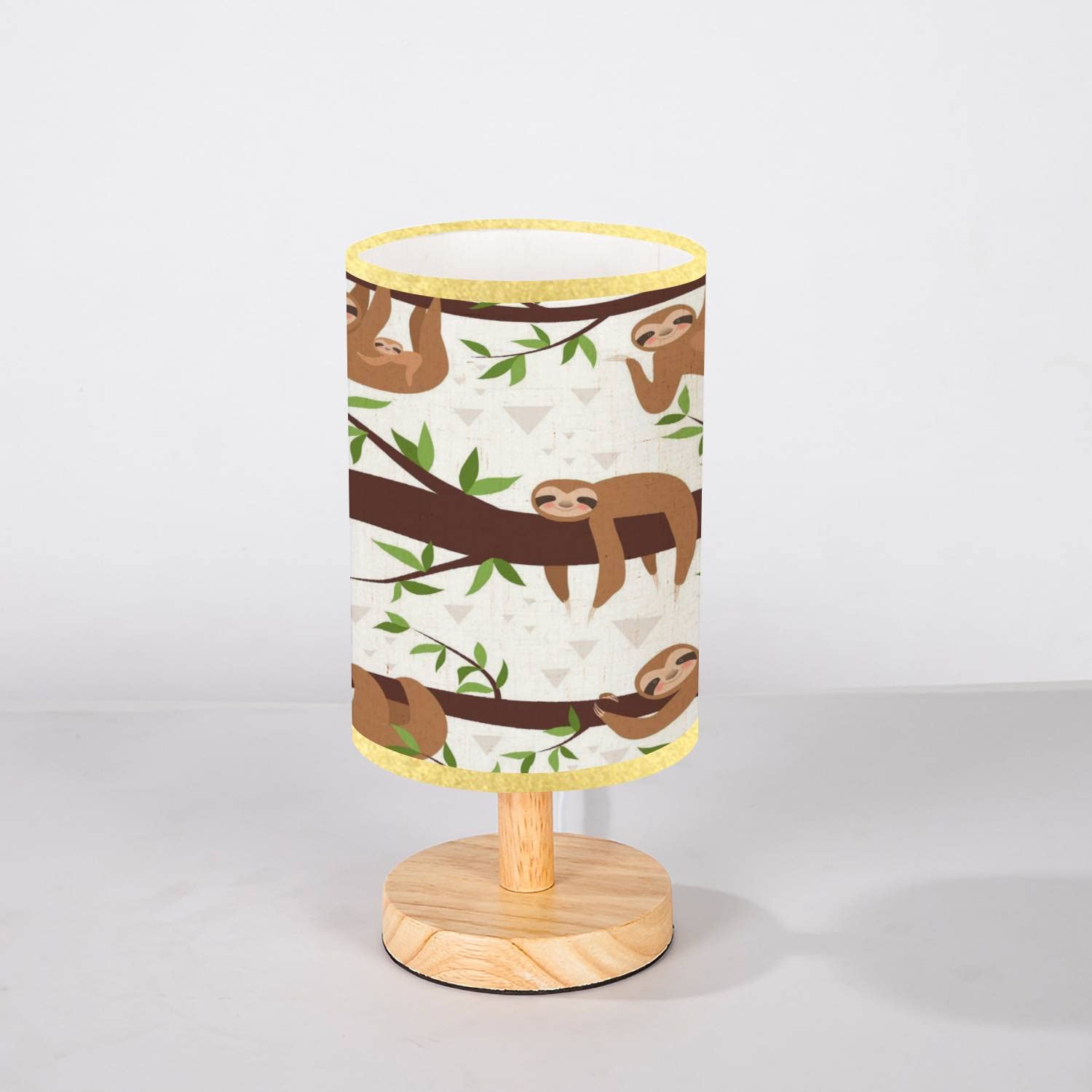 Lopyeijfg Minimalist Bedside Table Lamp Sloth Seamless Cute Little Sleepy Baby Animal Wood Nightstand Lamp Bedside Desk Lamp Wood Base Flaxen Fabric Shade For Bedroom Living Room 5.5X11Inch