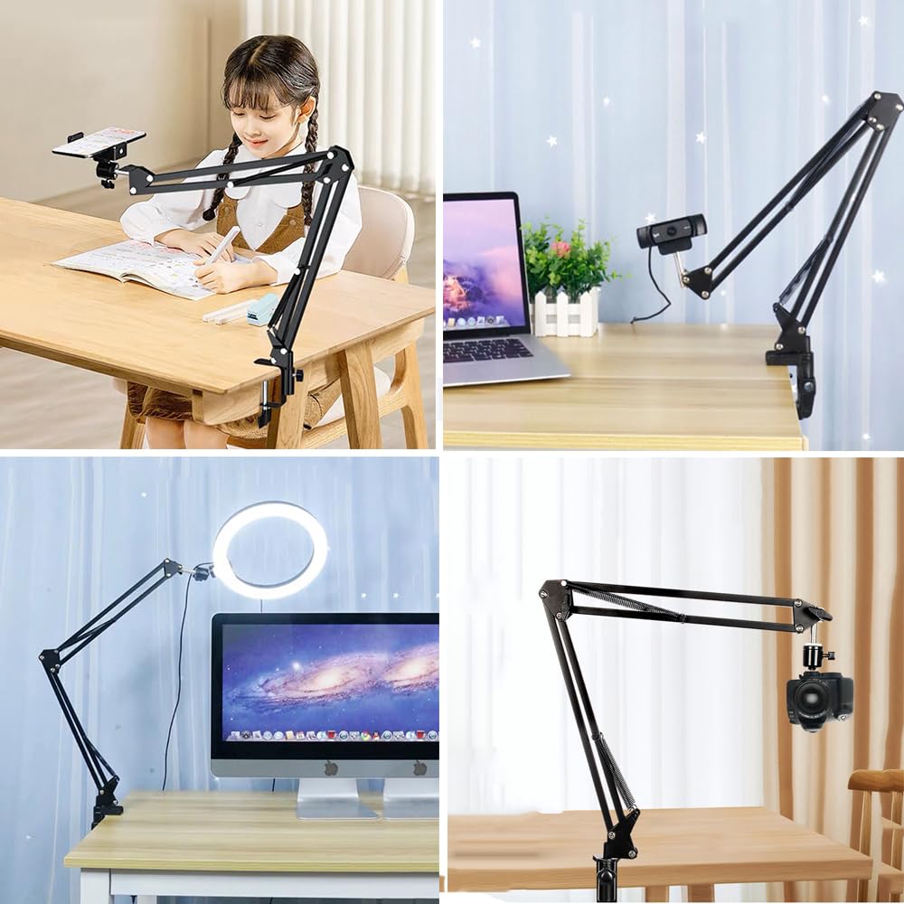 Yiyant Overhead Tripod Mount For Camera Webcam Ring Light, Over Head Articulating Arm With Phone Holder And Ball Head, Desktop Suspension Scissor Accessory For Live Streaming,Video Recording