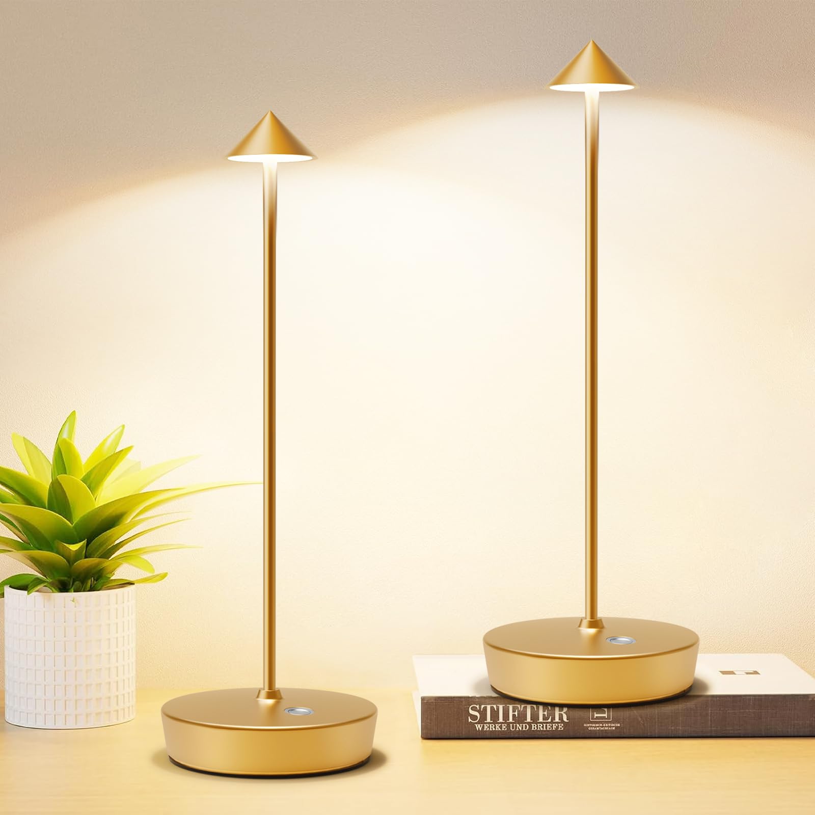 Tpczqj Set Of 2 Rechargeable Cordless Table Lamp,6000Mah Led Battery Operated Desk Lamp Touch 3 Color Dimming Portable Outdoor Waterproof Table Light For Patio/Restaurant/Dining/Home(Gold)