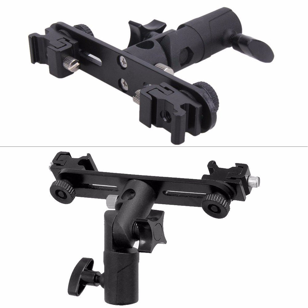 Exmax E2 Adjustable Double Flash Bracket Dual Hot Shoe Speedlight Stand Umbrella Holder Light Stand Bracket Mount 1/4" To 3/8'' For Studio Video Dslr Camera