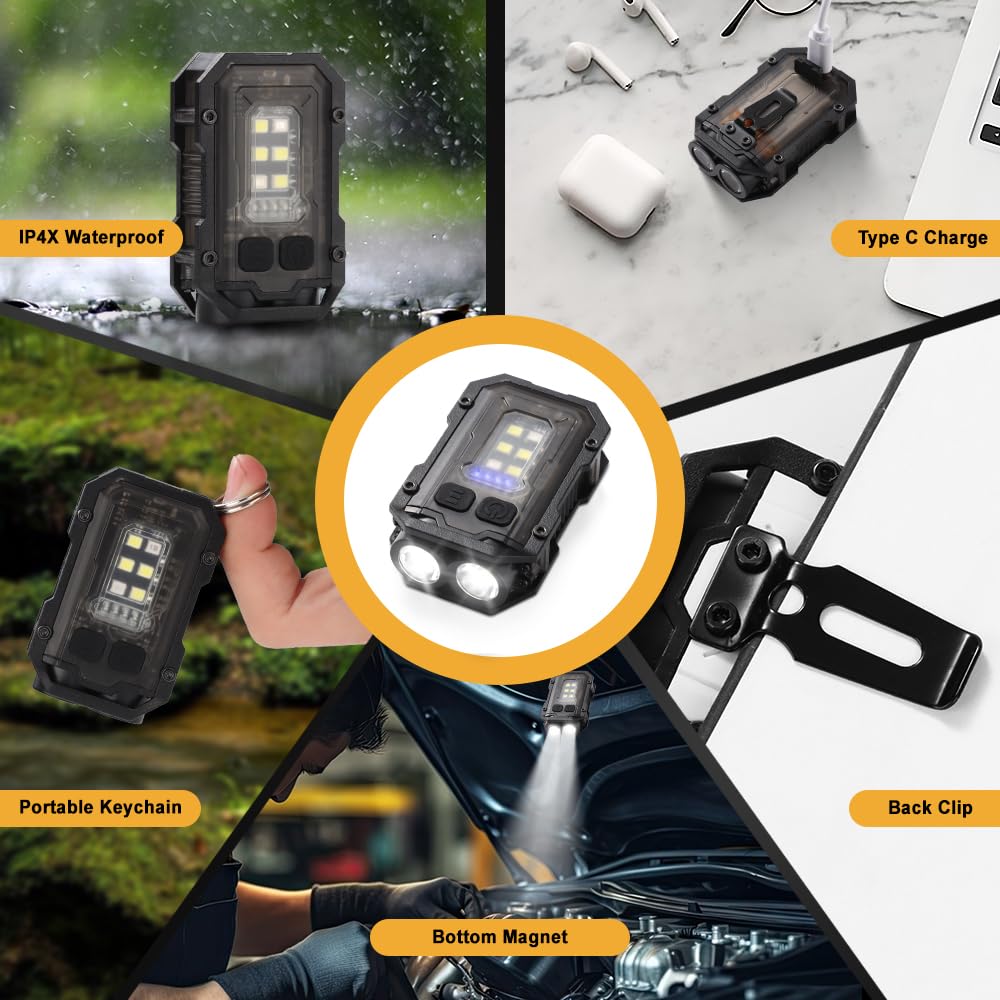 Stvono Mini Edc Flashlight, Small Powerful Keychain Flashlight With Sidelight, High Lumens 800Lm, Usb-C Rechargeable, Keychain Light With Clip - 8 Mode, Ipx4 Waterproof, For Hiking, Running, Black