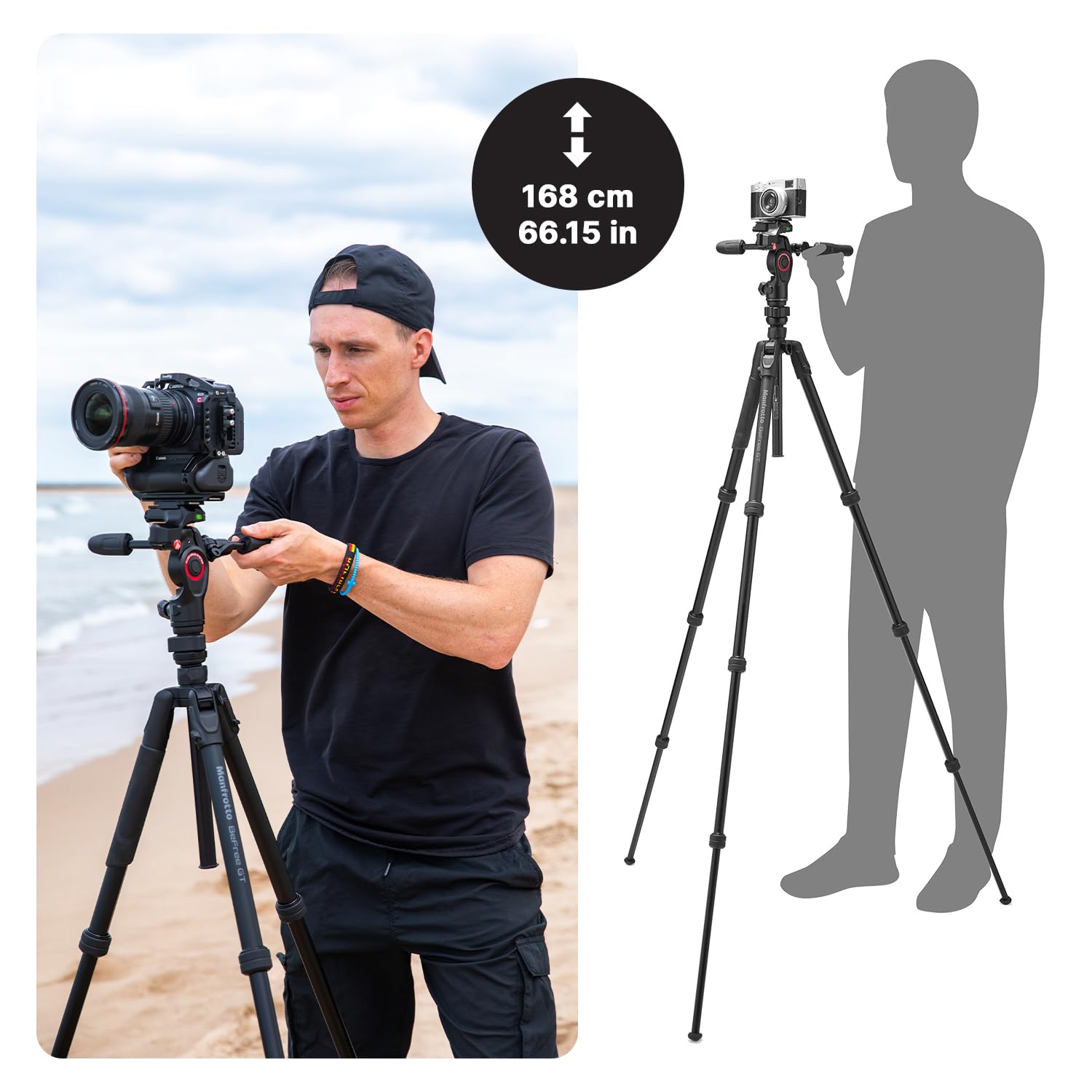 Manfrotto Be Gt Pro 4-Section Aluminum Travel Tripod With 3-Way Pan/Tilt Head, Black