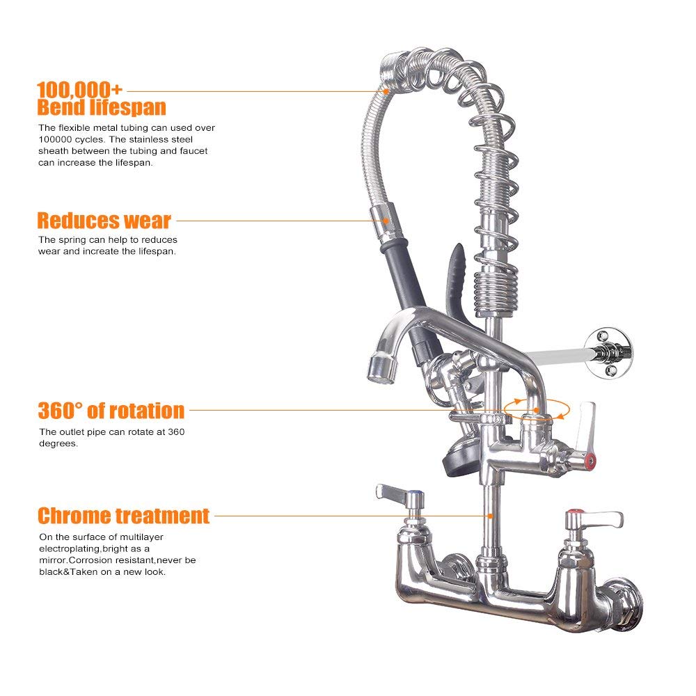 Mstjry Commercial Faucet With Sprayer 20" Height, 8" Center Commercial Faucet With 8" Spout Wall Mount Kitchen Sink Faucet Pre Rinse Faucet,For 1/2 Compartment Sink (Polished Chrome,Brass)