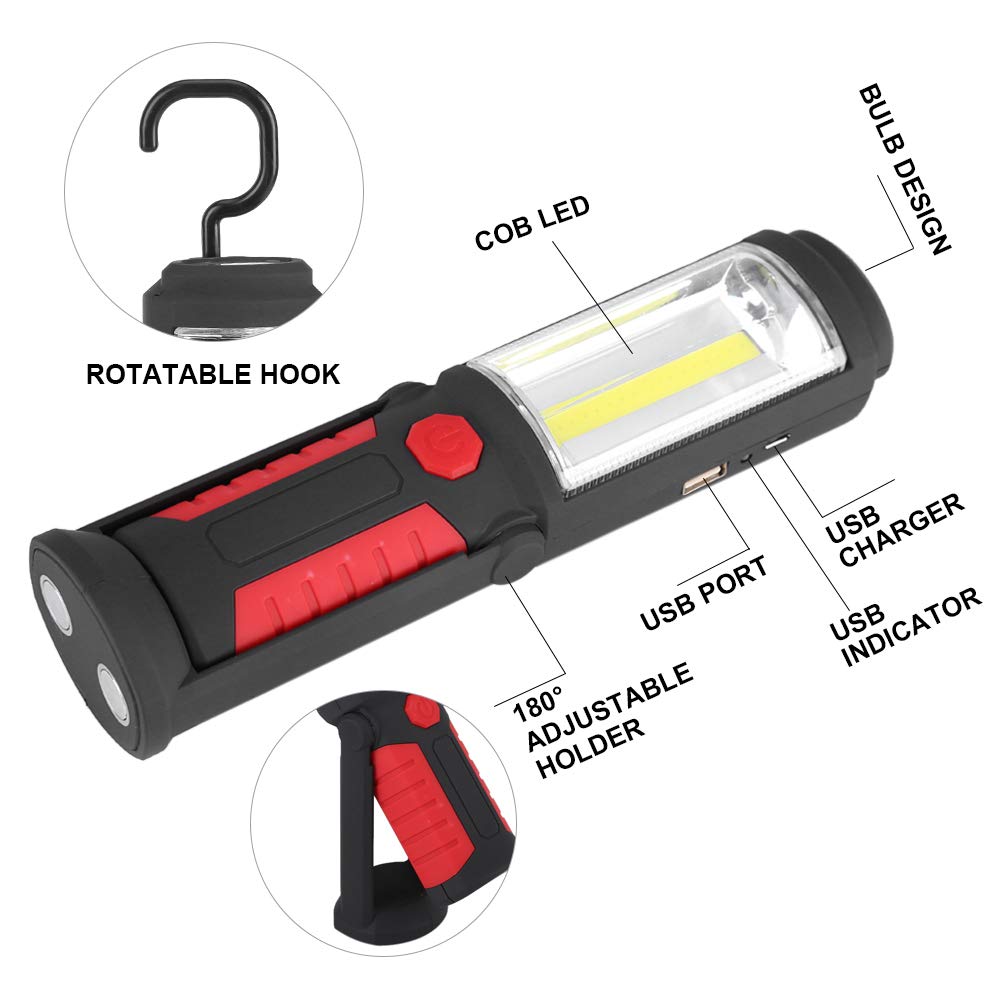 Qinlorgo Xinwoer Cob Led Flashlight Cob Work Light, Rotating Base And Hanging Hook Cob Emergency Light, Hiking Household Tool For Camping Emergency Light(Red)