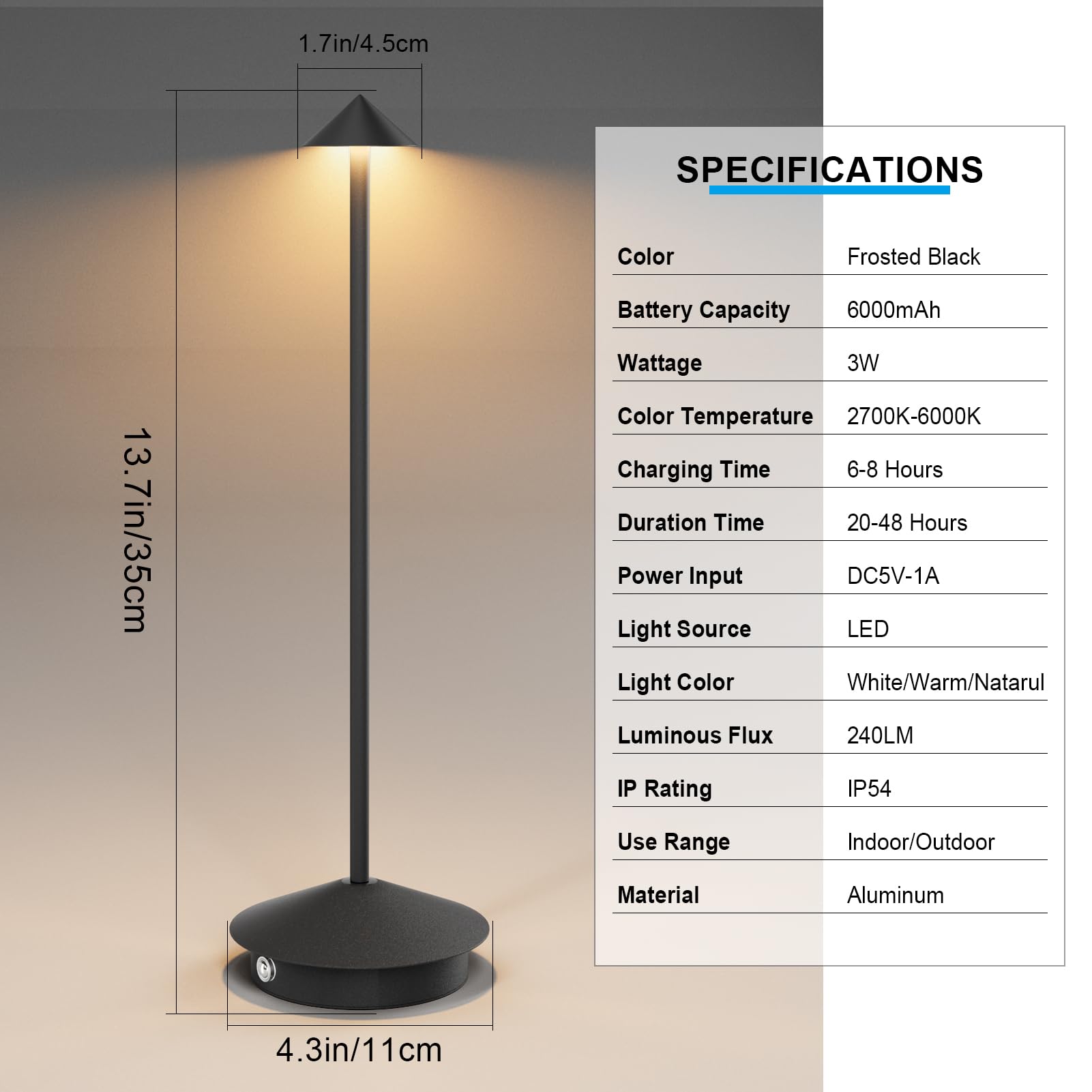 Aoceley Battery Operated Led Table Lamp,6000Mah Rechargeable Cordless Table Light,Outdoor Ip54 Waterproof Portable Modern Lamp,3-Color Stepless Dimmable Desk Lamp For Restaurant Bedroom(Black)