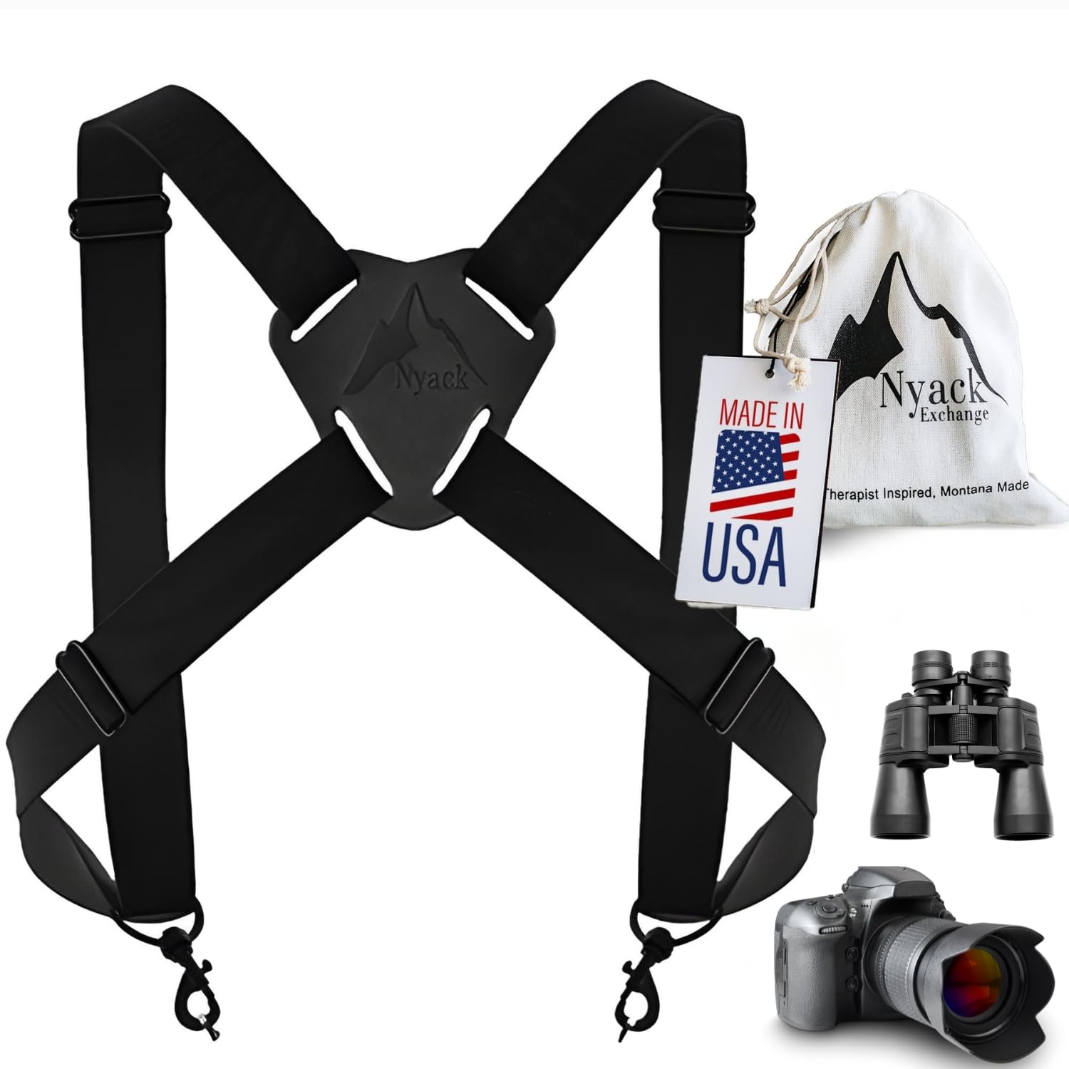 Nyack Exchange Camera And Binocular Harness  Usa Made, Quick Release, Adjustable Straps For Hiking, Birding, Hunting