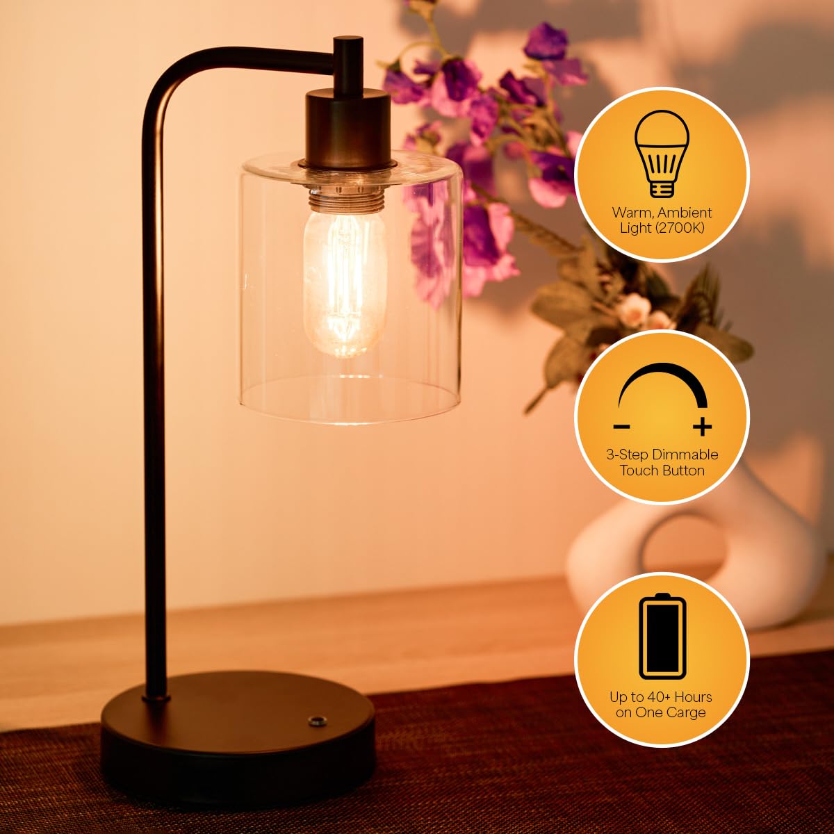Luxxio Cordless Table Lamp - Rechargeable - Up To 40+ Hours, 3 Adjustable Led Brightness Settings, Non-Scratch Bottom, Warm White Color Temperature - Aluminium Base & Body – Industrial