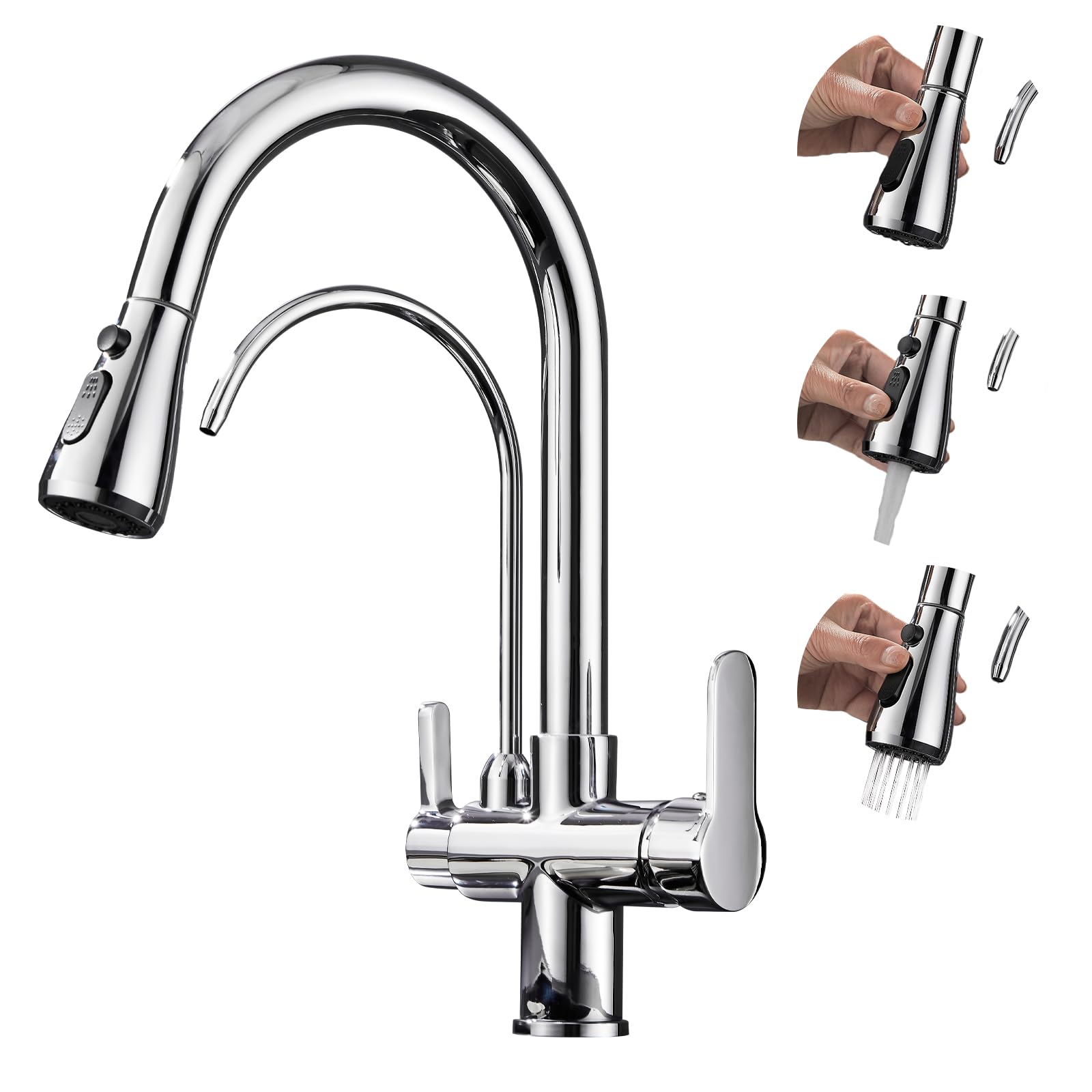 Pollock Kitchen Sink Faucet With Pull Down Spayer Faucet Water Filter 2 Handle 3 In 1 Faucet Water Filter For Kitchen Sink Cold And Hot Mixer Drinking Water Faucet,Chrome