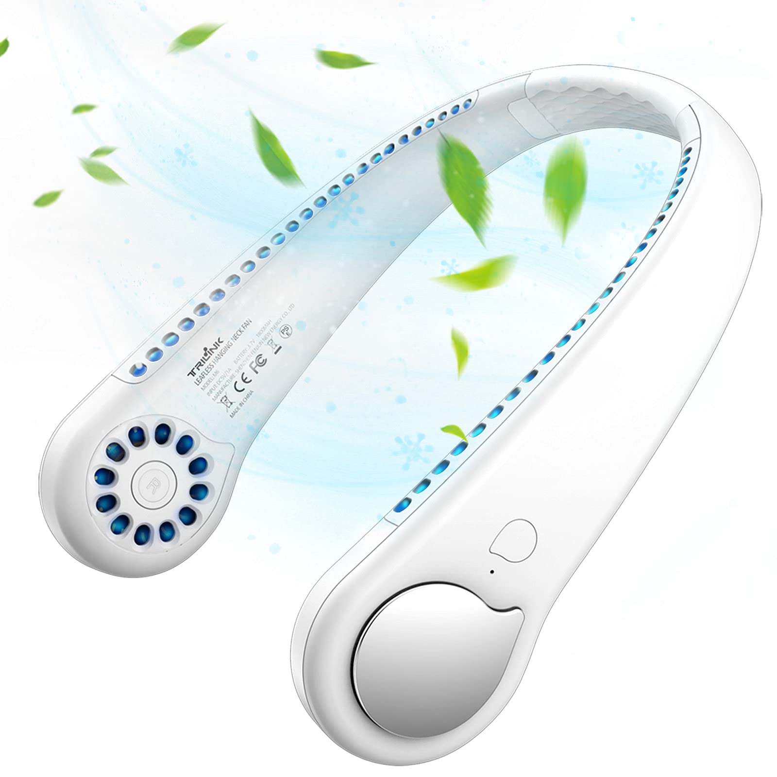 Bladeless neck fan with 360° airflow, portable hands-free cooling, USB rechargeable battery for personal comfort