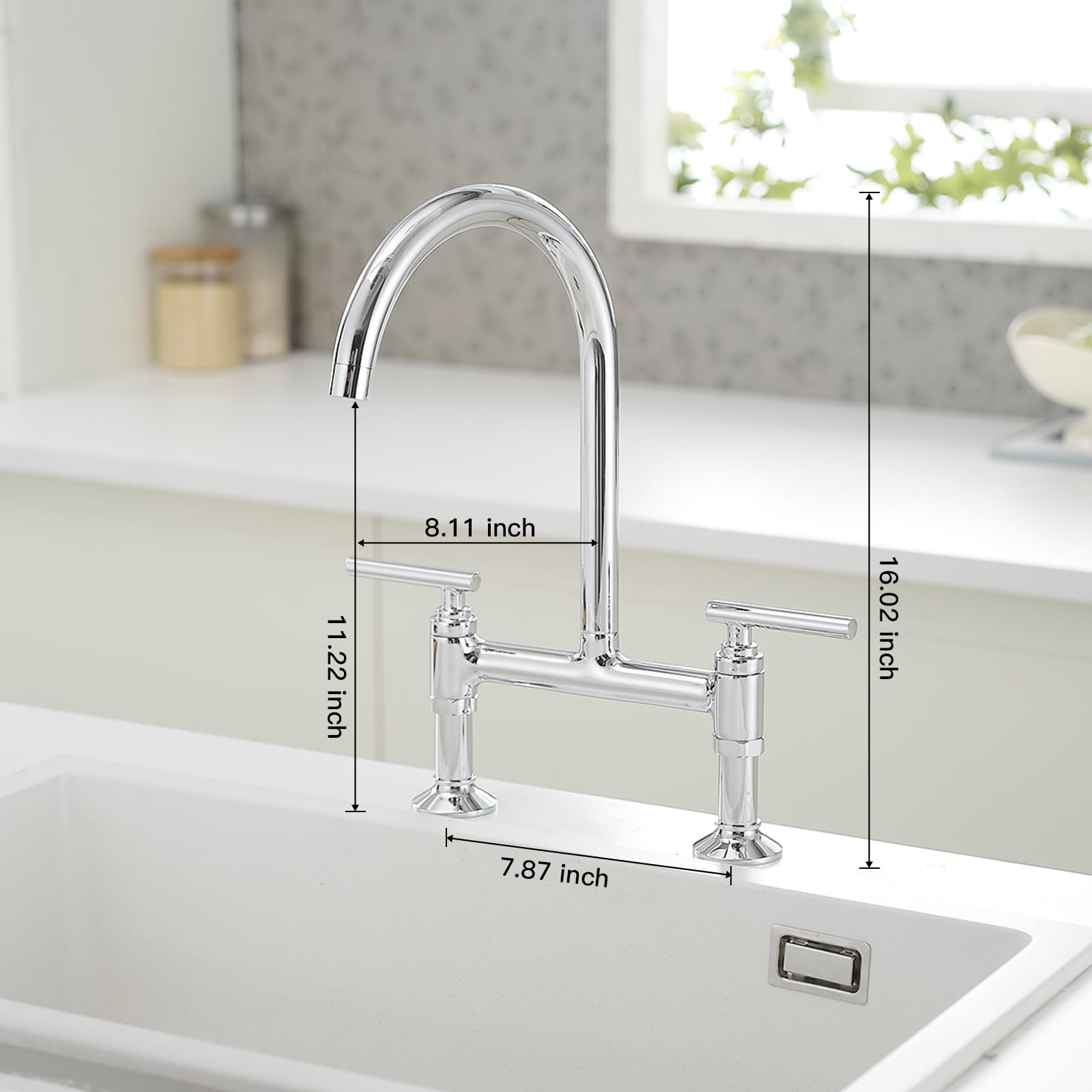 Bwe Chrome Bridge Kitchen Faucet,Two Handle Brass Faucet For Kitchen Sink 2 Holes,8 Inch Centerset Kitchen Sink Faucet With 360° Swivel Spout,High Arc Vintage Tap Deck Mounted