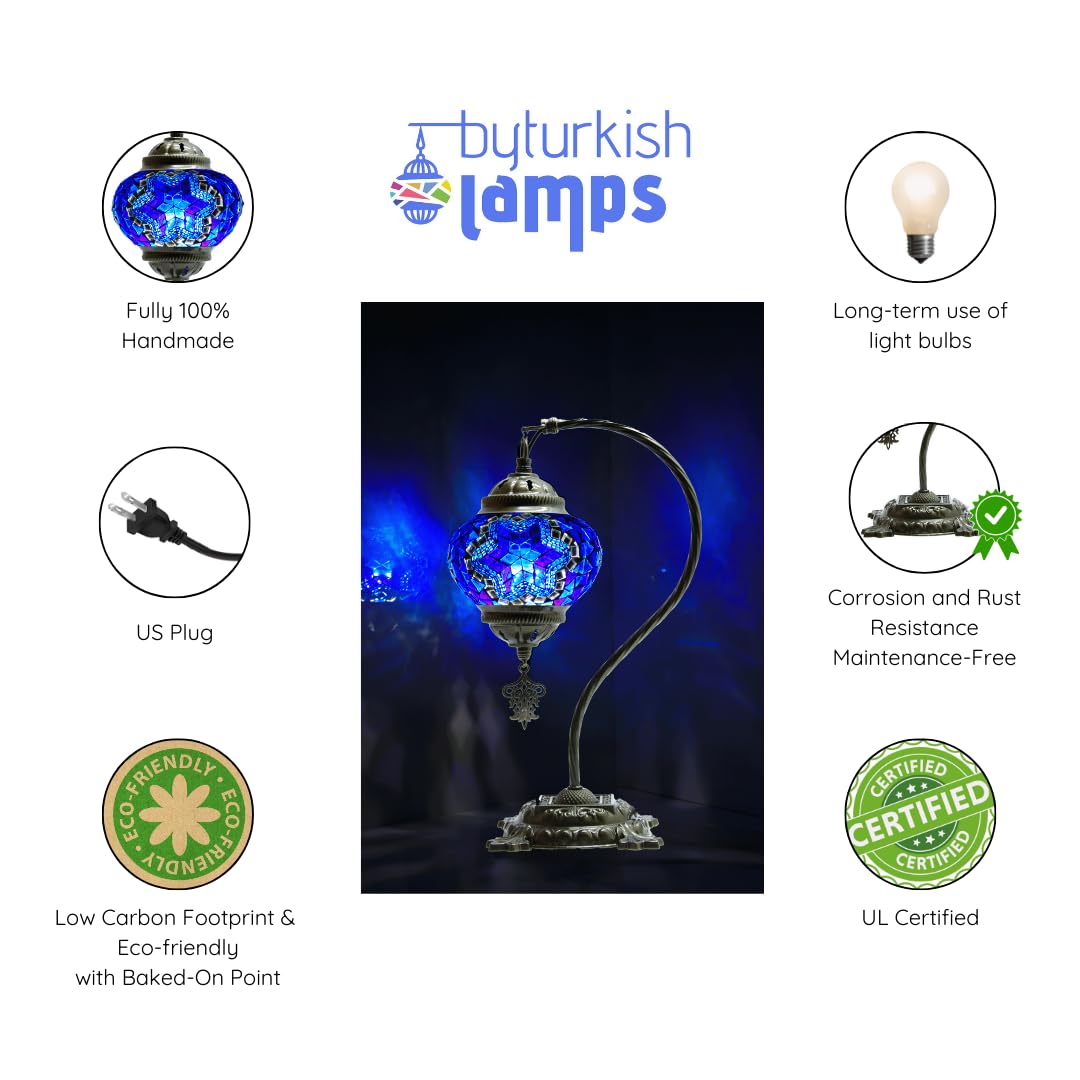 Byturkishlamps Turkish Mosaic Handmade Blue Lamp, Moroccan Swan Neck Table Tiffany Boho Lamps, Bedside Bohemian Rustic Gooseneck Light For Bedroom, Living Room Us Plug & E14 Socket (Azure Glow)