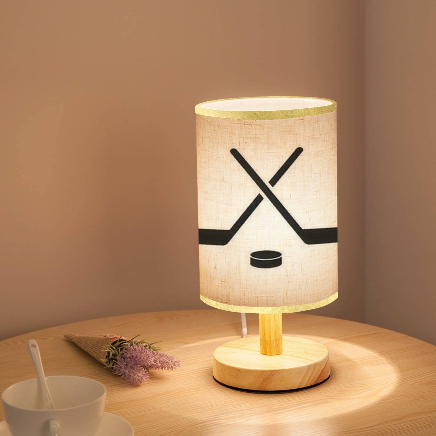 Lopyeijfg Minimalist Bedside Table Lamp Hockey Game Equipment Hockey Wood Nightstand Lamp Bedside Desk Lamp Wood Base Flaxen Fabric Shade For Bedroom Living Room