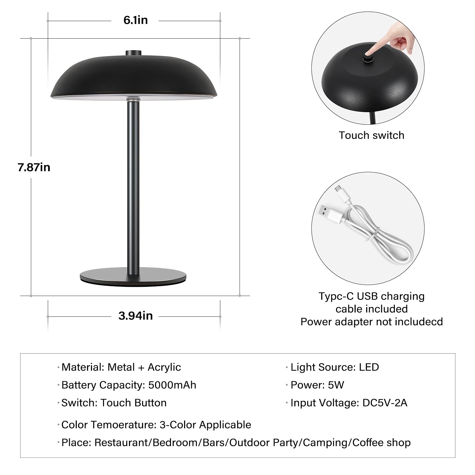 Eleutersun 7.9" Cordless Small Table Lamp, Portable Rechargeable Battery Operated Led Desk Lamp, Touch Control, 3 Color Temperature, For Bedroom Restaurant Patio Outdoor Camping Coffee Shop Bars Dinner Party