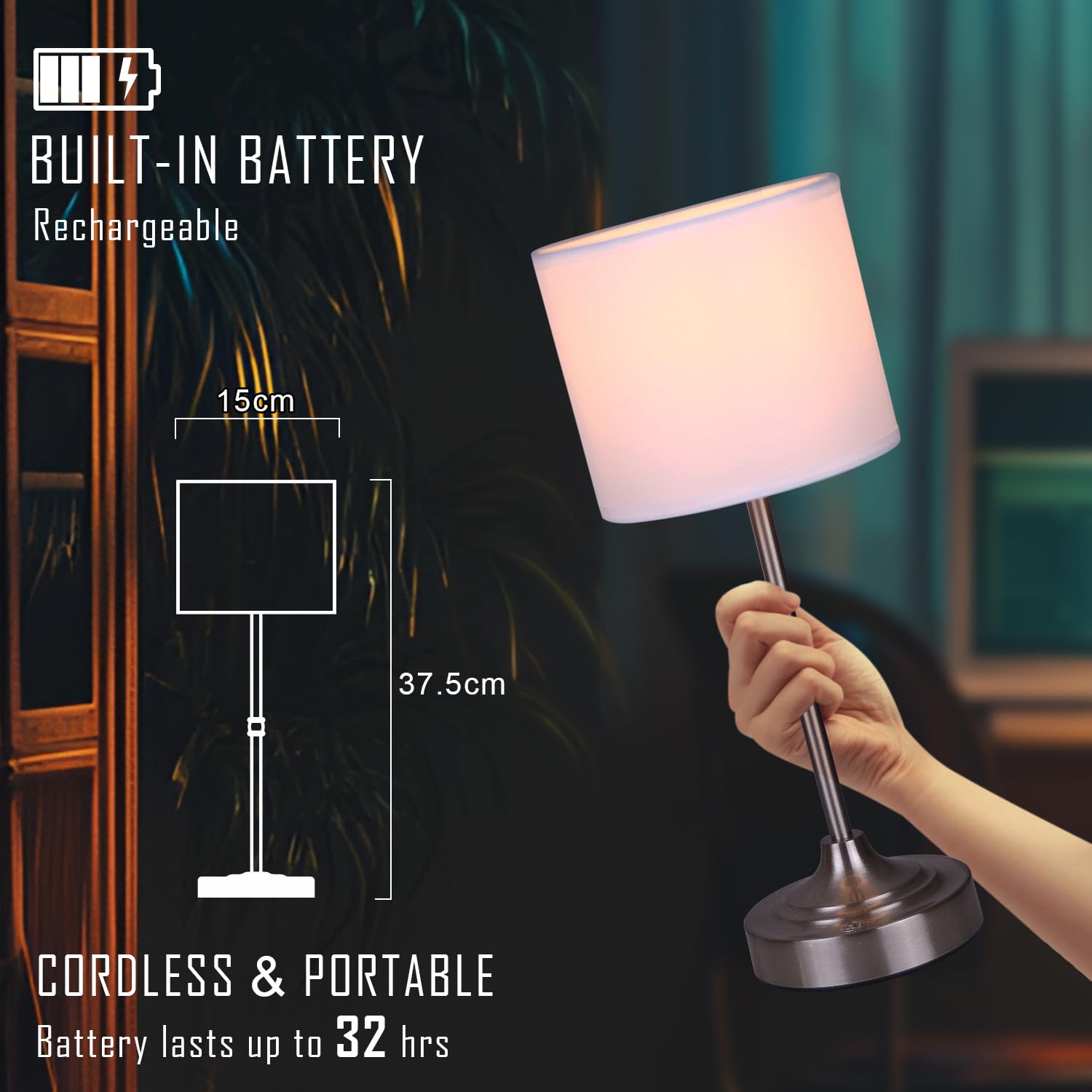 Focondot Rechargeable Battery Powered Table Lamp, Wireless Led Lamps, Cordless Touch Lamps, Stepless Dimmable Bedside Lamps, Night Lamp For Bedroom, Dinning Room, Kitchen Decor, Office (Silver)