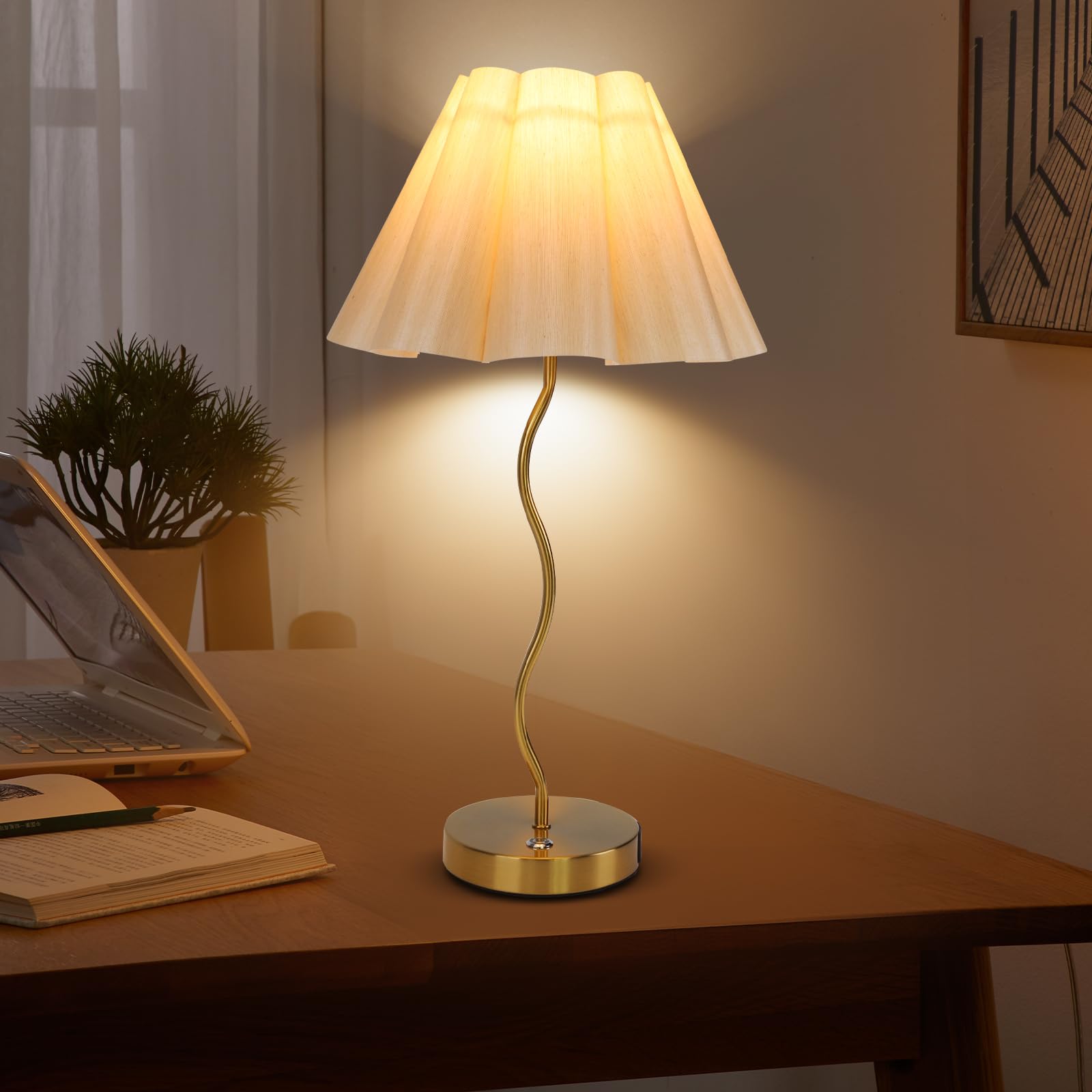 Eidearay Table Lamp For Bedroom, Modern Table Lamp With Touch Dimmable And Pleated Beige Lampshade, Gold Bedside Tables Lamp With Usb C+A Charging Ports For Bedroom Living Room Home Office