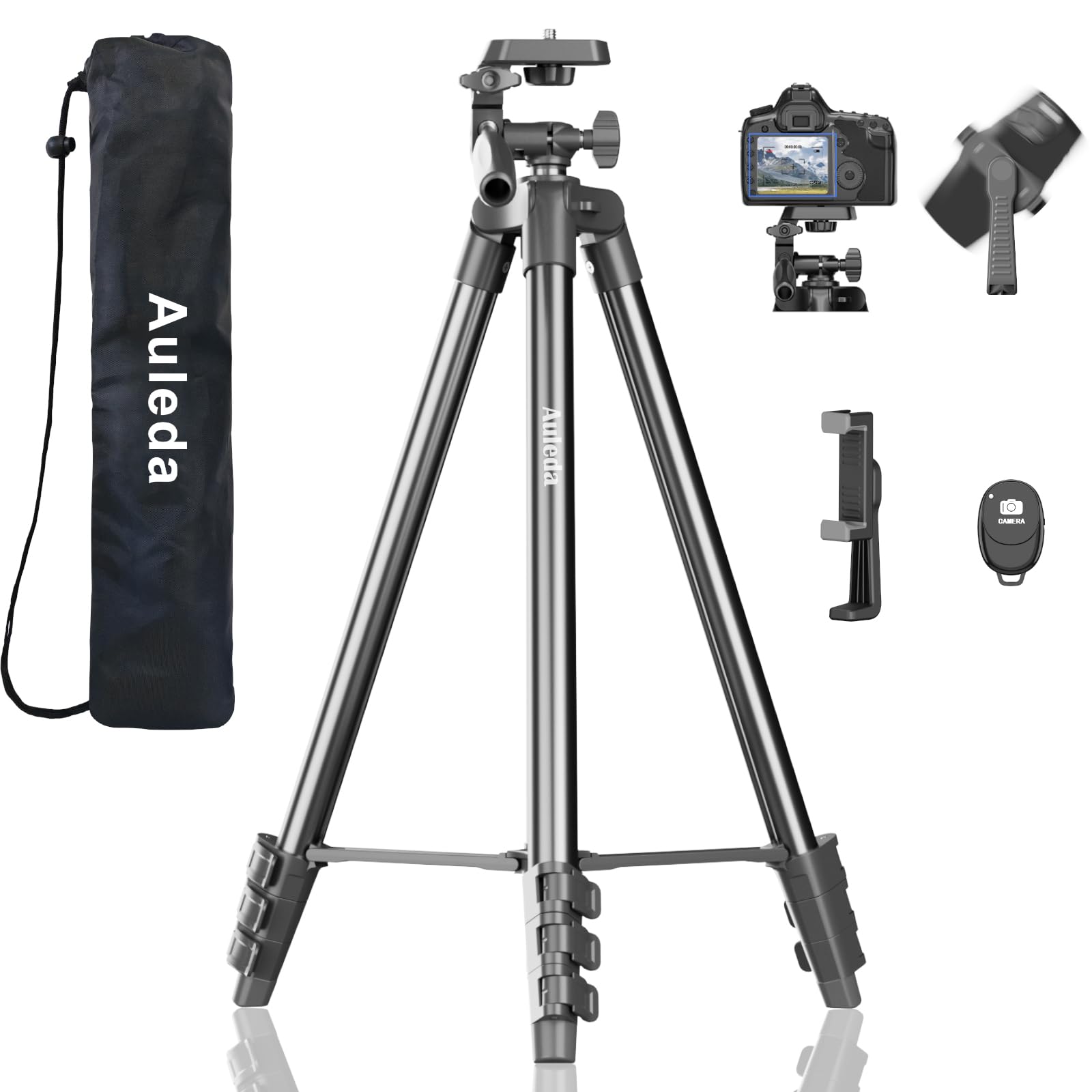 Auleda 60″ Camera Tripod Lightweight Travel Tripod Stand Compatible With Canon Nikon Dslr Cameras With Wireless Remote Phone Holder And Bag Max Load 6.6 Lb Black