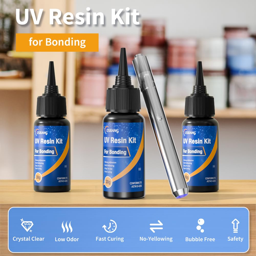 Osbang Uv Resin Kit With Light, Curing & Bonding In Seconds, 90G/3Oz Transparent Uv Glue With Uv Flashlight For Plastic, Resin, Acrylic, Glass Bonding & Repairing(30G3)
