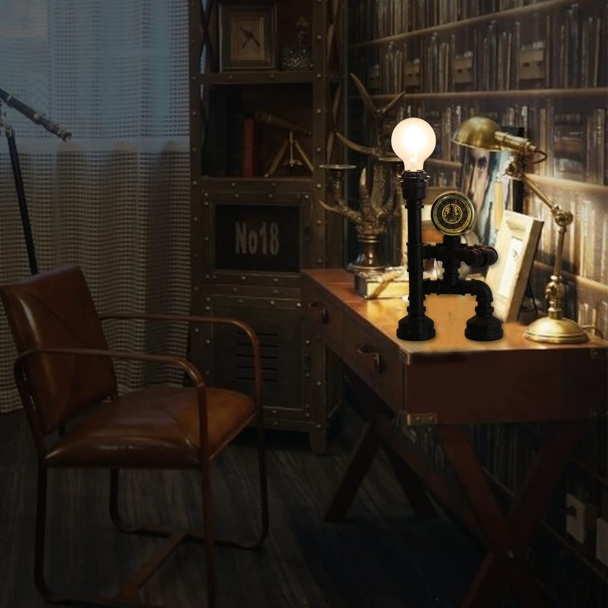 Efinehome Water Pipe Table Lamp Robot Style- Retro Industrial Table Light- Antique Steampunk Metal Desk Lamp Bedside Lighting Fixture For Office, Reading Kids Room, Cafe Bar (Bronze-Style E)