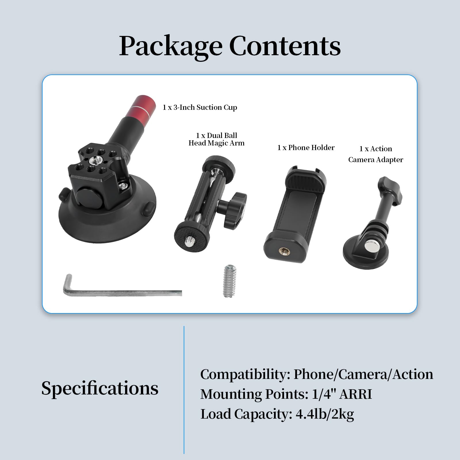 Fifield 3"/7.6Cm Camera Suction Cup Phone Mount With Ball Head Magic Arm, Quick Release Car Mount For Action Camera Phone Dji Insta360, Air Pump Vacuum Suction Cup, 1/4" &3/8" Arri Holes